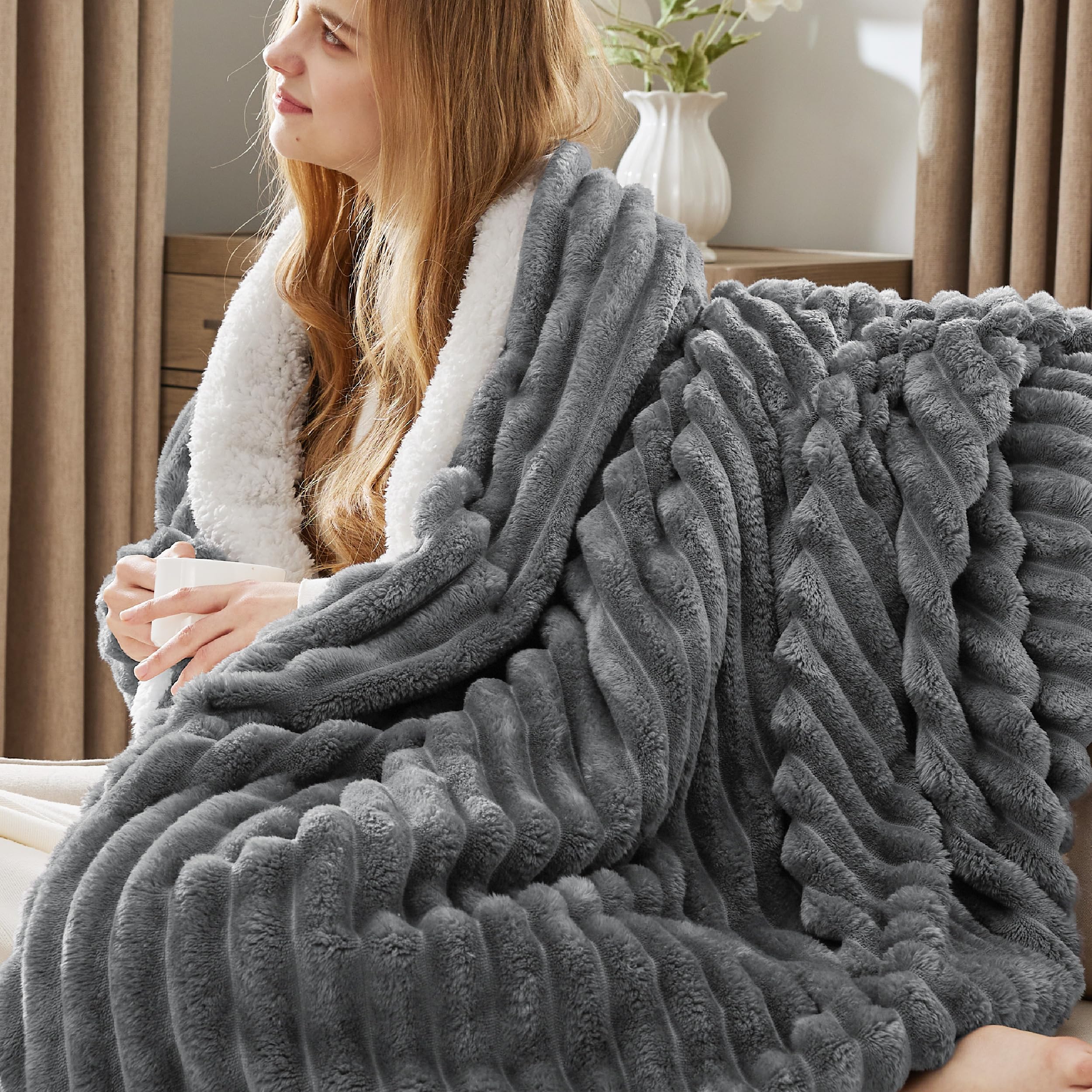 Bedsure Sherpa Blanket Queen Size For Bed - Super Soft Cozy Blanket Gift, Fleece Thick Warm Blanket For Winter, Dark Grey, 90X90