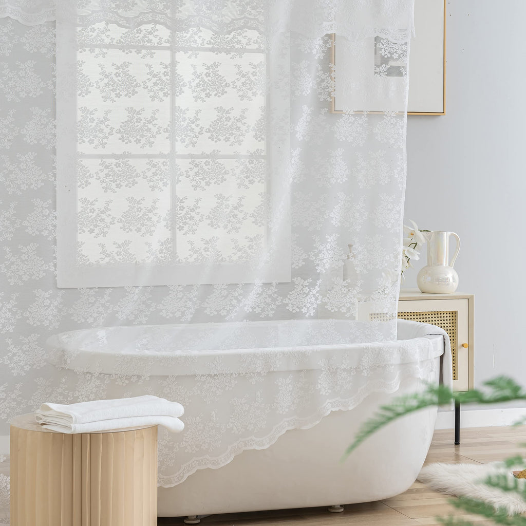 Tudeco White Lace Shower Curtain With Attach Valance, Shabby Chic Floral Shower Curtain Lace For Bathroom Vintage Sheer Scallope