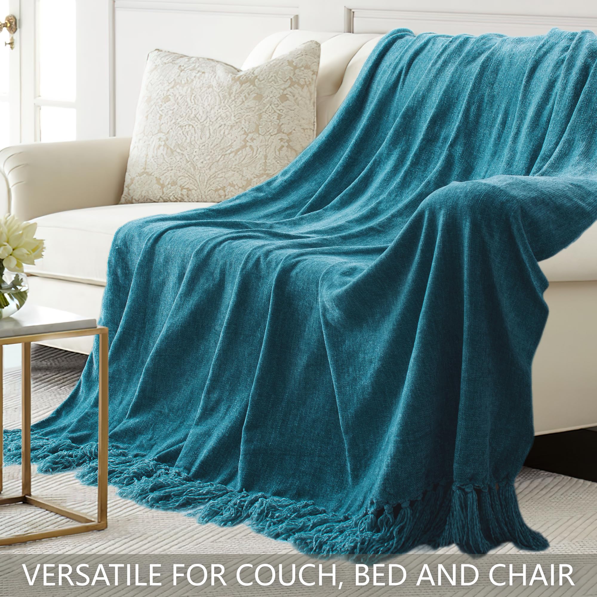 Long Create Chenille Throw Blanket For Couch 50''X 60'', Soft Cozy Throw Blanket With Fringe Tassel For Bed Sofa Chair, Lightwei