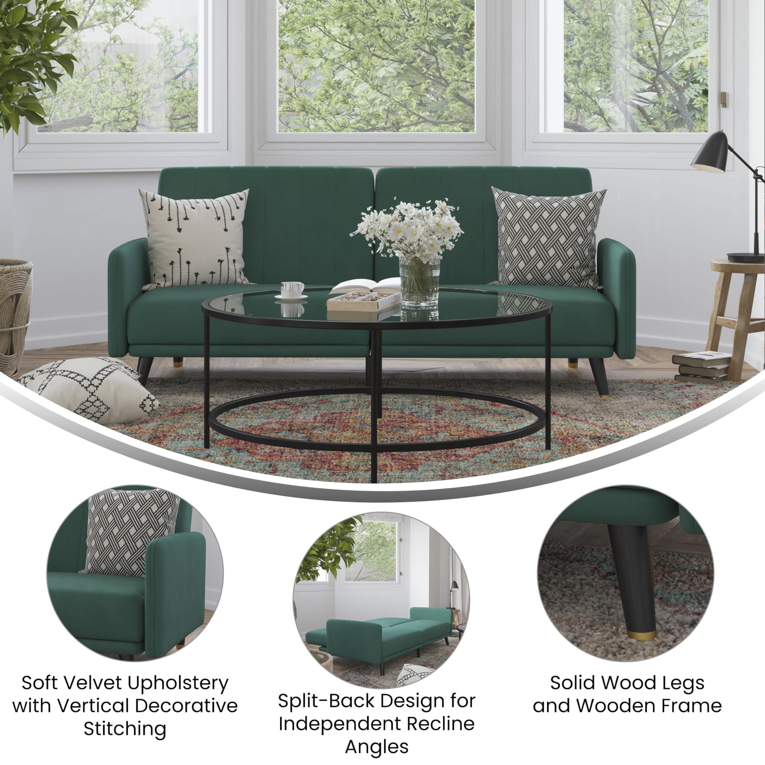 Flash Furniture Sophia Premium Split Back Sofa Futon - Emerald Green Velvet Upholstery - Solid Wood Legs - Convertible Sleeper Couch For Small Spaces