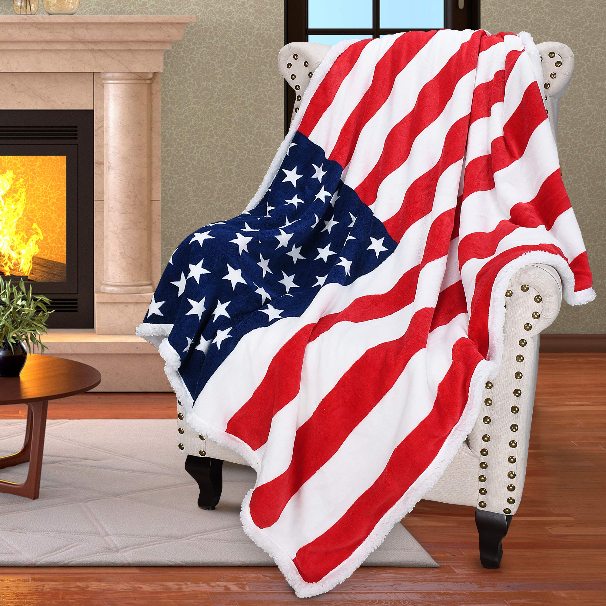 Catalonia Patriotic Us Flag Blanket, American National Flag Throws, Sherpa Fleece Reversible Blanket For Couch Bed Decor, 4Th Of
