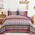 Wongs Bedding Boho Quilt Set King Size, Purple 3 Pieces Bohemian Striped Patchwork Bedspread Coverlet, Lightweight Soft Microfib