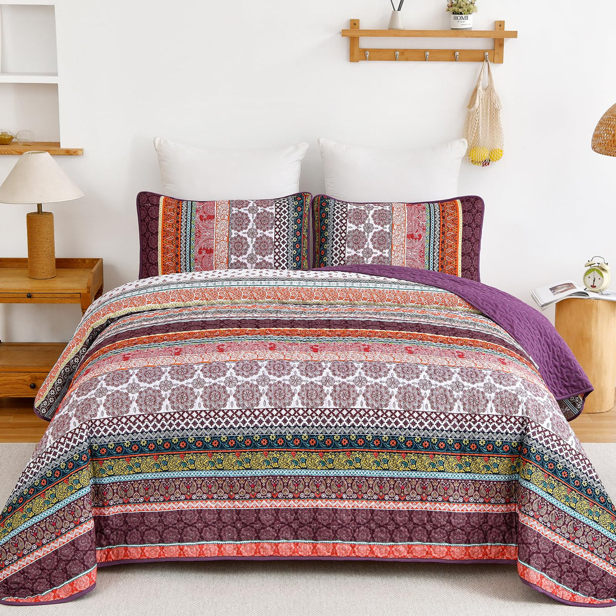 Wongs Bedding Boho Quilt Set King Size, Purple 3 Pieces Bohemian Striped Patchwork Bedspread Coverlet, Lightweight Soft Microfib