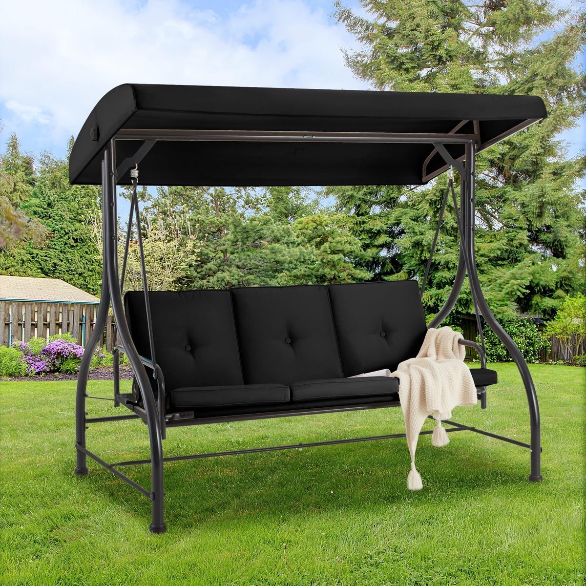 Aecojoy 3-Seat Outdoor Porch Swing With Adjustable Backrest And Canopy, Patio Swing W/Removable Cushions Outdoor Swing Bed For Porch, Backyard, Poolside, Black