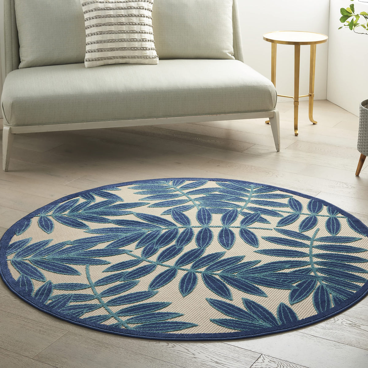 Nourison Aloha Indoor/Outdoor Navy 4' X Round Area Rug, Tropical, Botanical, Easy Cleaning, Non Shedding, Bed Room, Kitchen, Liv