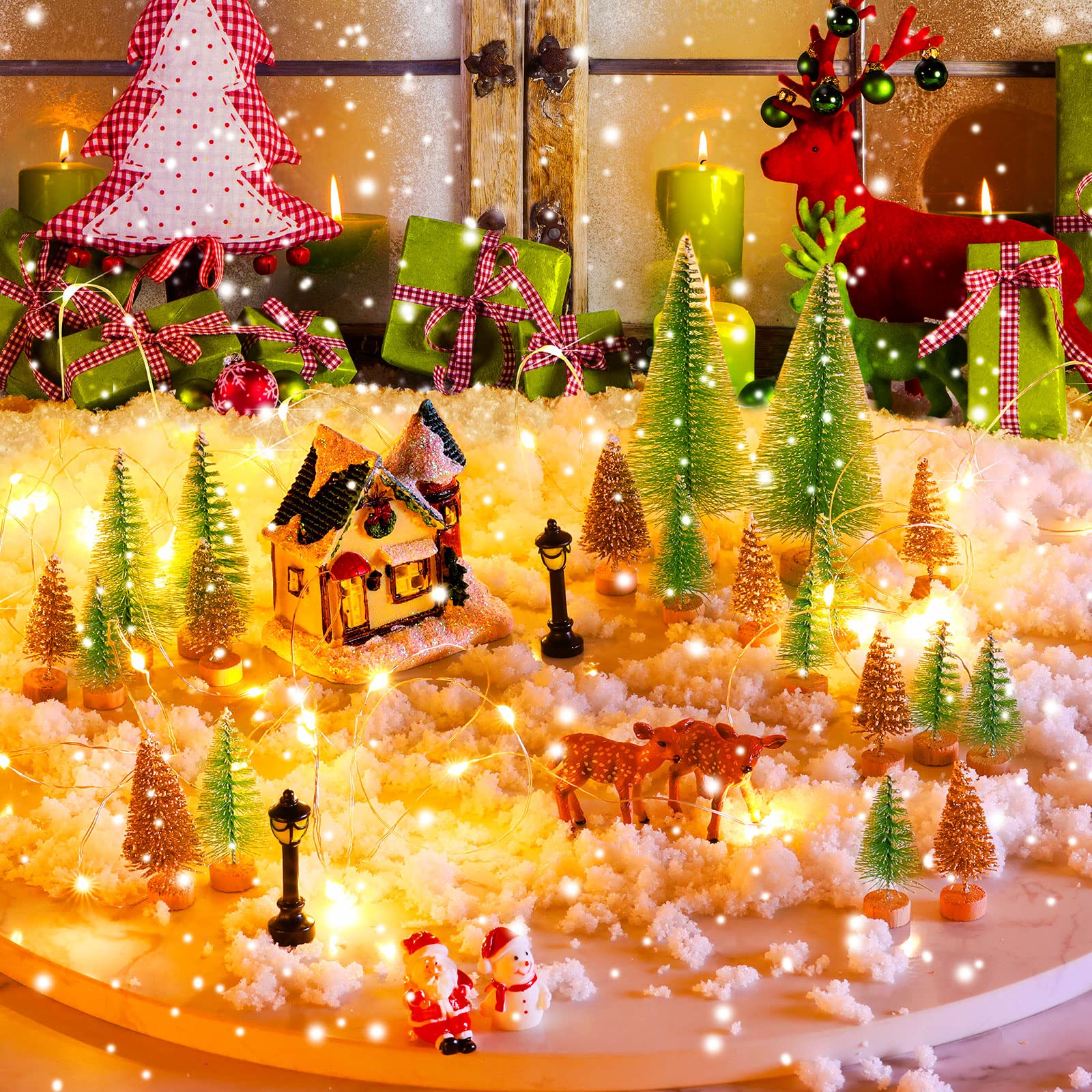 Blulu 28 Pieces Christmas Mini Miniature Village Accessories Artificial Trees Street Lamps Santa Snow Houses Elk for Miniature S