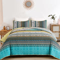 Wongs Bedding Boho Quilt Set King Size, Yellow Blue Stripe 3 Pieces Quilts Bedspread Set Bohemian Lightweight Microfiber All Sea