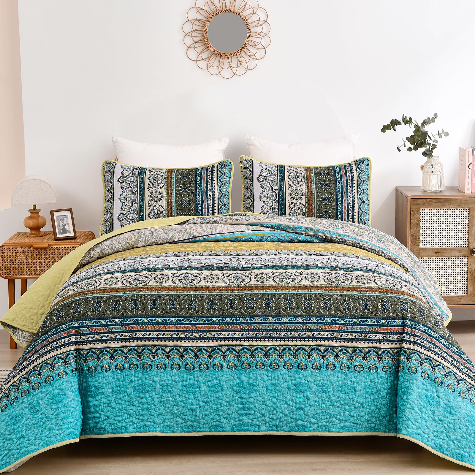Wongs Bedding Boho Quilt Set King Size, Yellow Blue Stripe 3 Pieces Quilts Bedspread Set Bohemian Lightweight Microfiber All Sea