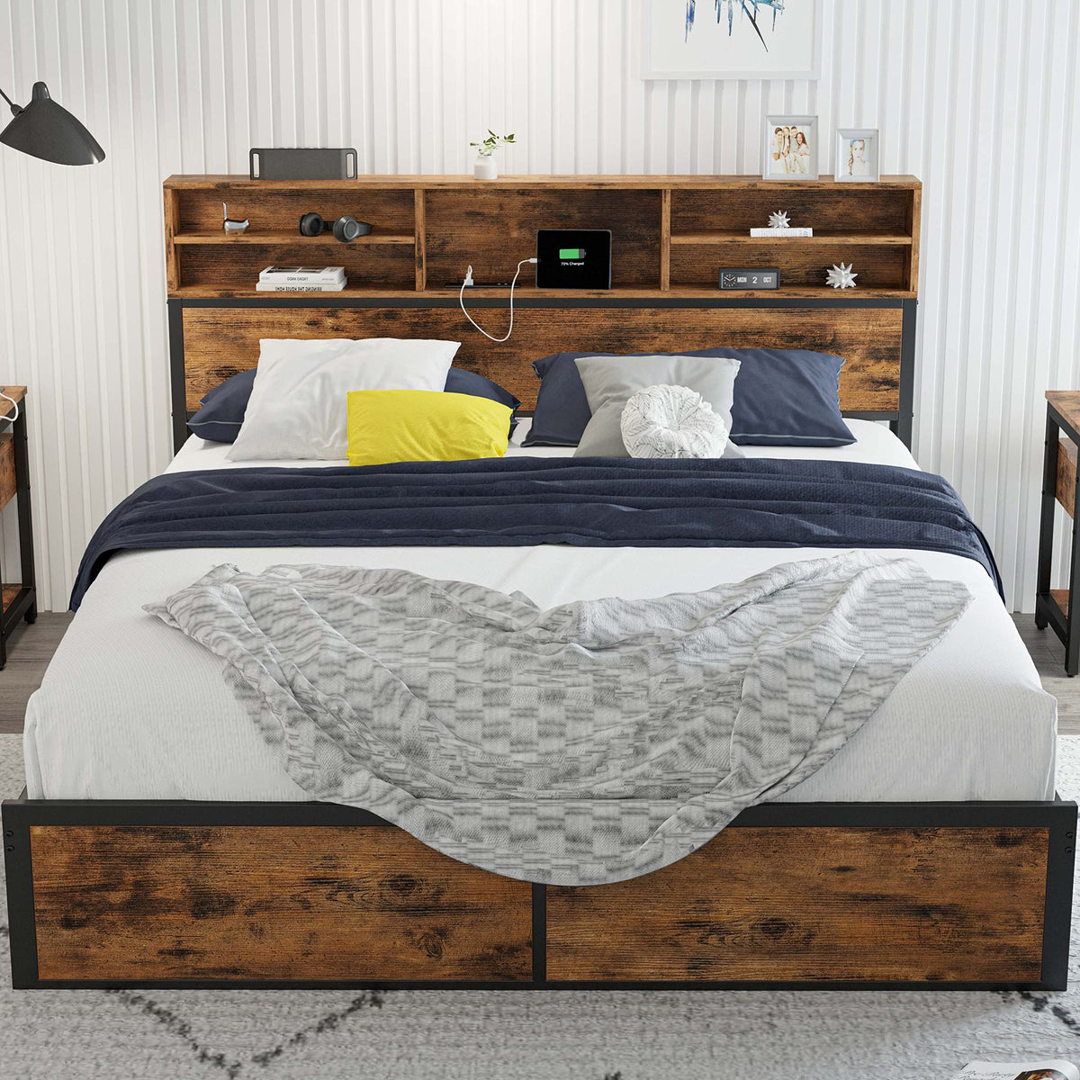 Likimio Queen Bed Frame With Tall Bookcase Headboard And Charging Station, Sturdy And No Noise Platform Bed, No Box Spring Needed, Easy Assembly, Vintage Brown