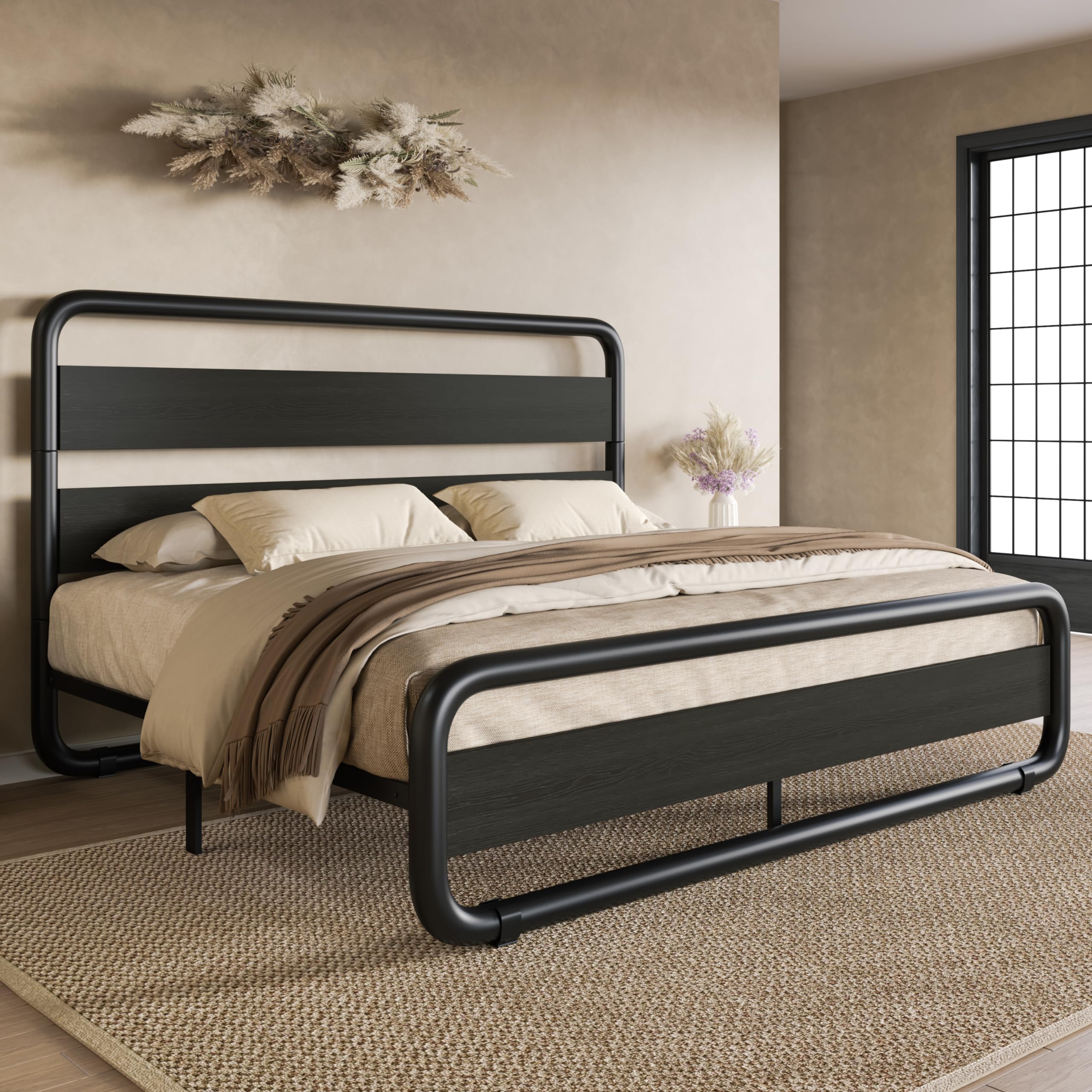 SHA CERLIN Queen Size Metal Bed Frame with Wooden Headboard and Footboard, Heavy Duty Oval-Shaped Platform Bed with Under-Bed St
