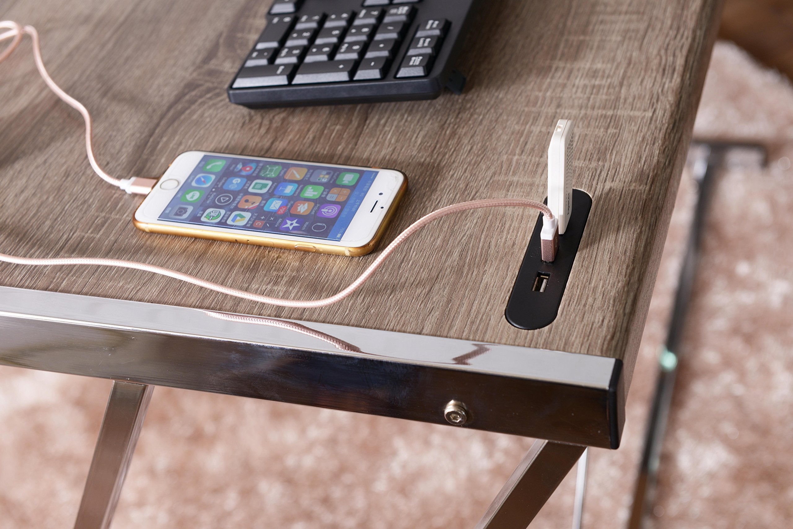Acme Finis Writing Desk with USB Dock in Weathered Oak and Chrome