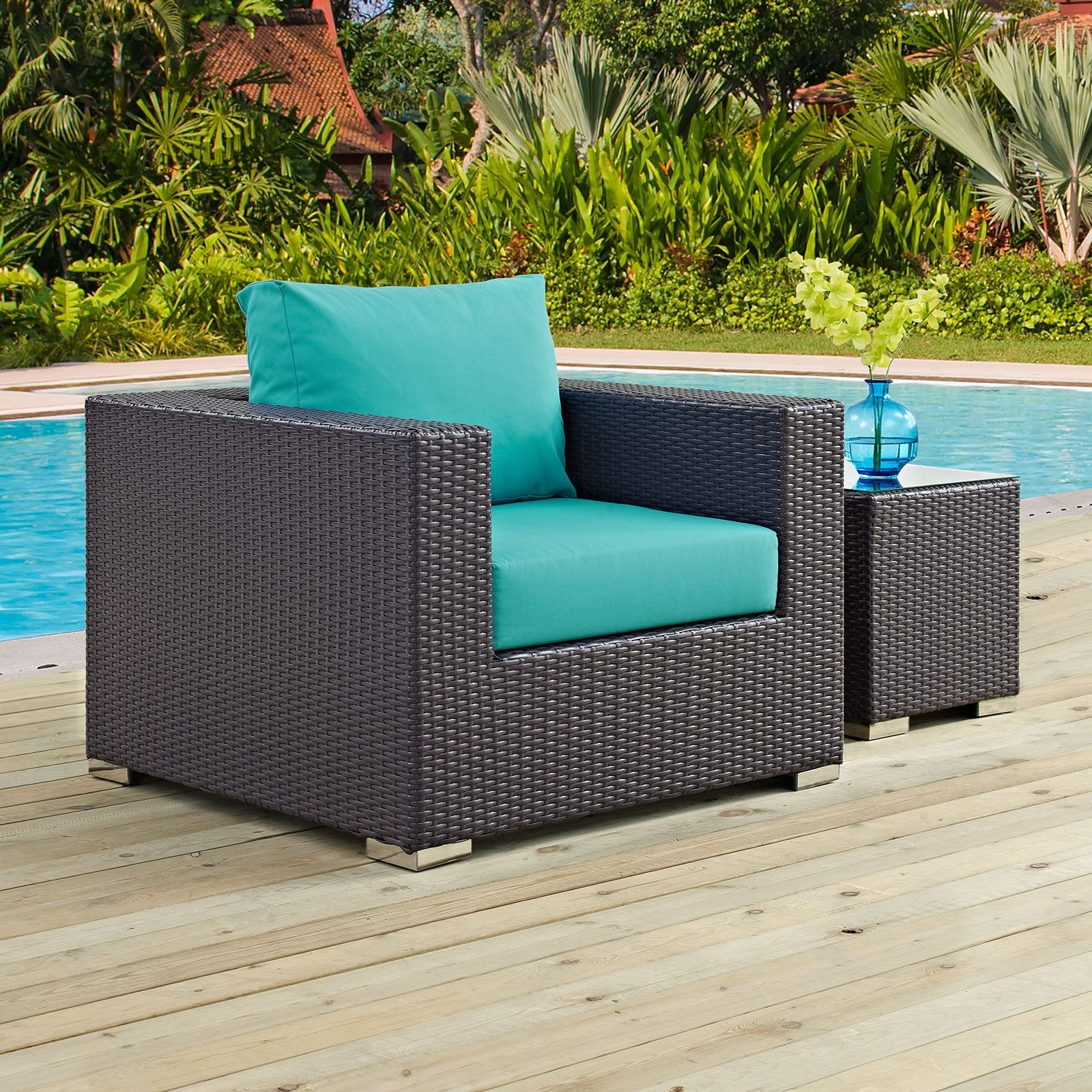Modway Convene Wicker Rattan Outdoor Patio Armchair in Espresso Turquoise