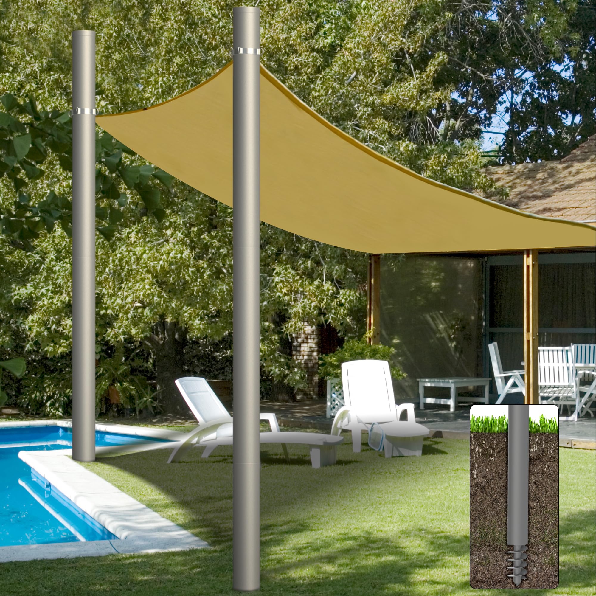 Yakmax Shade Sail Poles, Heavy Duty Sun Shade Poles, Screw in Poles for Sun Shades Outdoor, 12 Ft Sun Shade Sail Poles with D-Cl