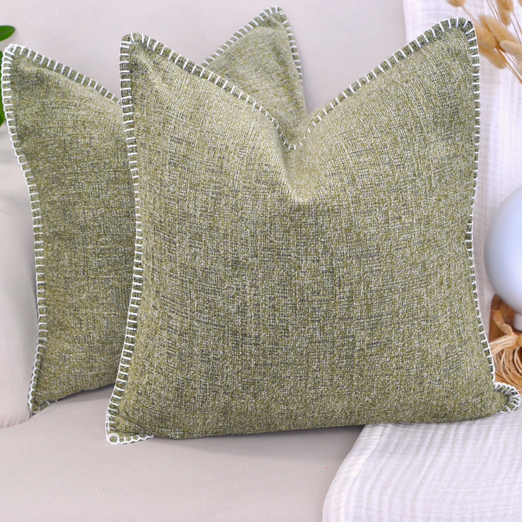 18X18 Pillow Covers For Couch Pillows Light Olive Green Set Of 2, Decorative Stitched Border Soft Textured Cozy Chenille Cushion