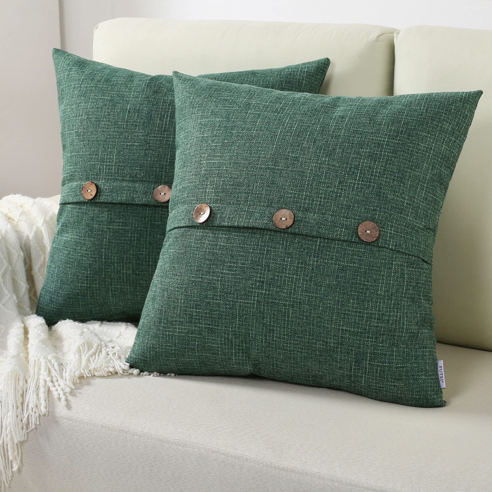 Futei Emerald Green Linen Decorative Throw Pillow Covers 26X26 Inch Set Of 2, Square Euro Shams Cushion Case With Vintage Button