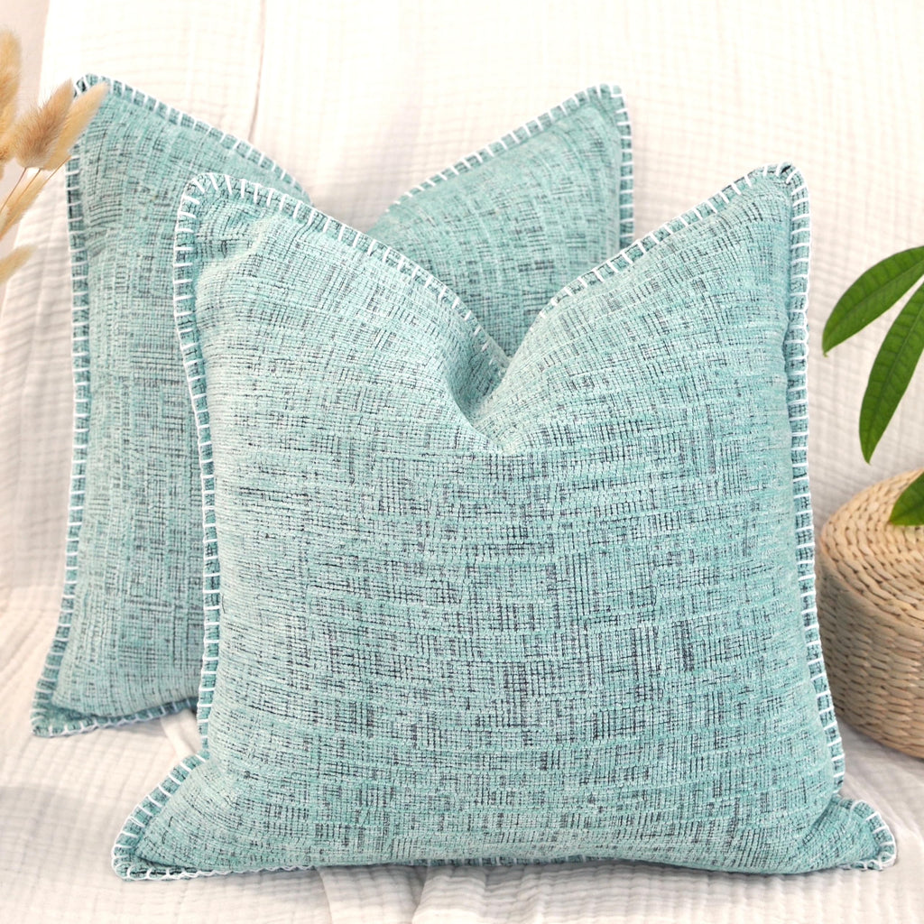 16X16 Pillow Covers Mint Green Set Of 2, Decor Pillow Covers Square, Textured Soft Chenille Deco Cushion Covers With Trim Edge,