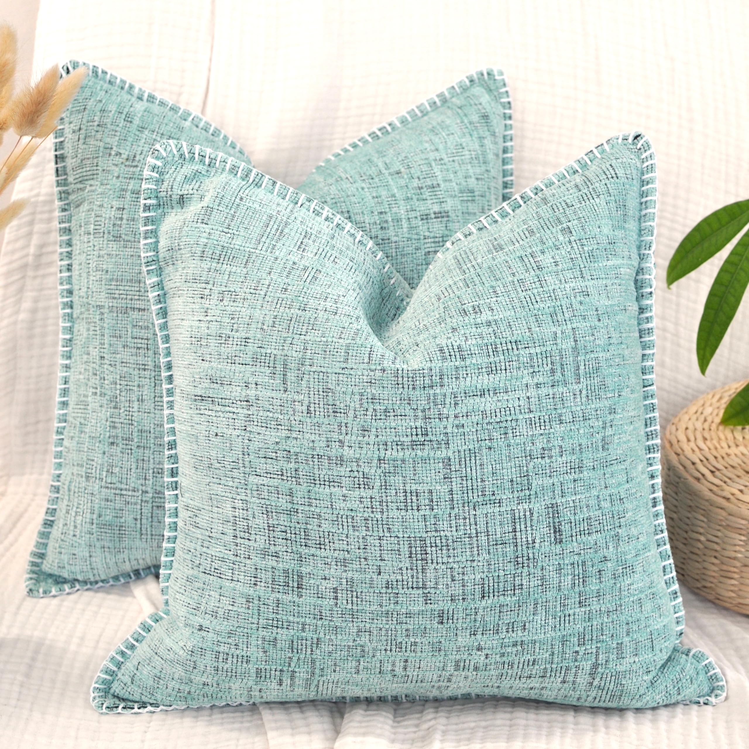 16X16 Pillow Covers Mint Green Set Of 2, Decor Pillow Covers Square, Textured Soft Chenille Deco Cushion Covers With Trim Edge,