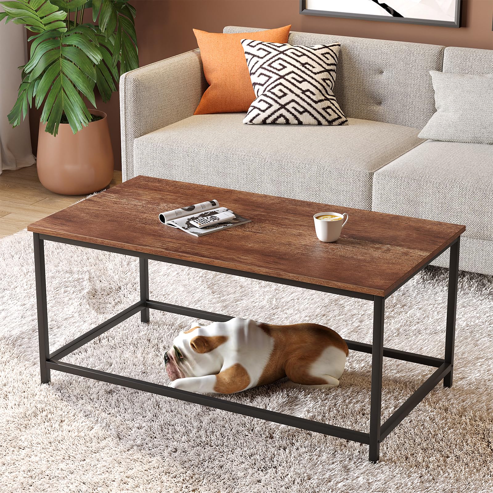 Saygoer Coffee Table Simple Modern Rectangular Center Table Open Space Minimalist For Living Room Home Office Industrial Cocktail Tables, Dark Walnut