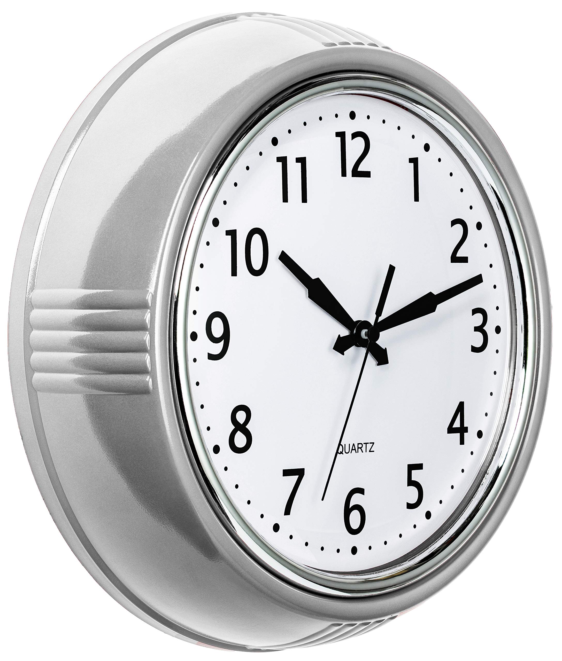 Bernhard Products Retro Wall Clock 12 Inch Silver Kitchen 50s Vintage Design Round Silent Non Ticking Quality Quartz Battery Op