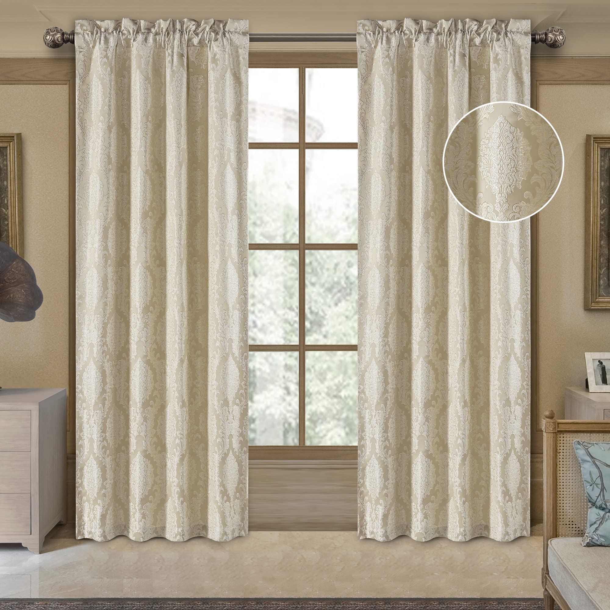 Loom And Mill Luxury Jacquard Curtains For Bedroom, Beige Damask Curtains 2 Panels With Tiebacks, Elegant Window Curtain For Liv