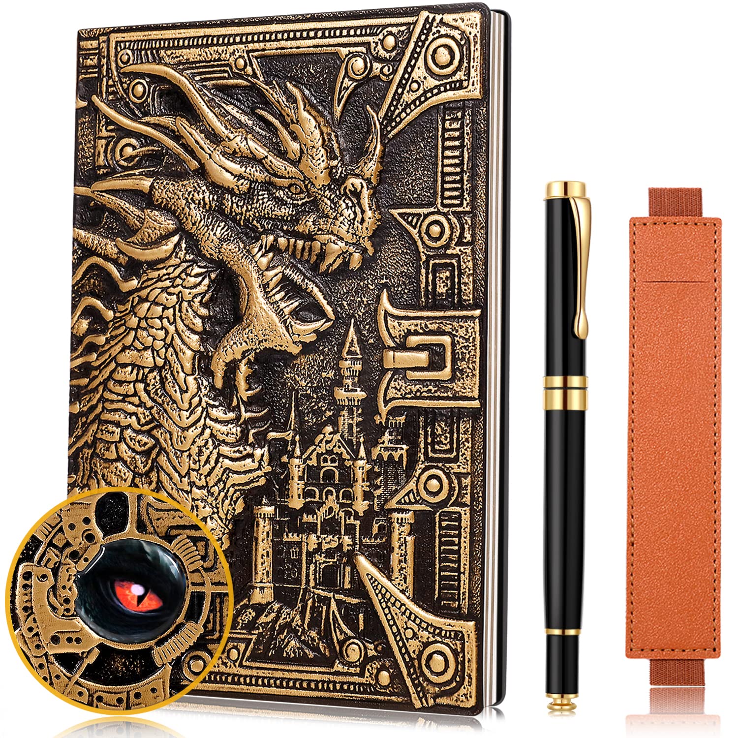 Vintage Dragon Embossed Leather Notebook Dnd Notebook Travel Journal With Black Ballpoint Pen And Pen Sleeve.Antique Handmade A5