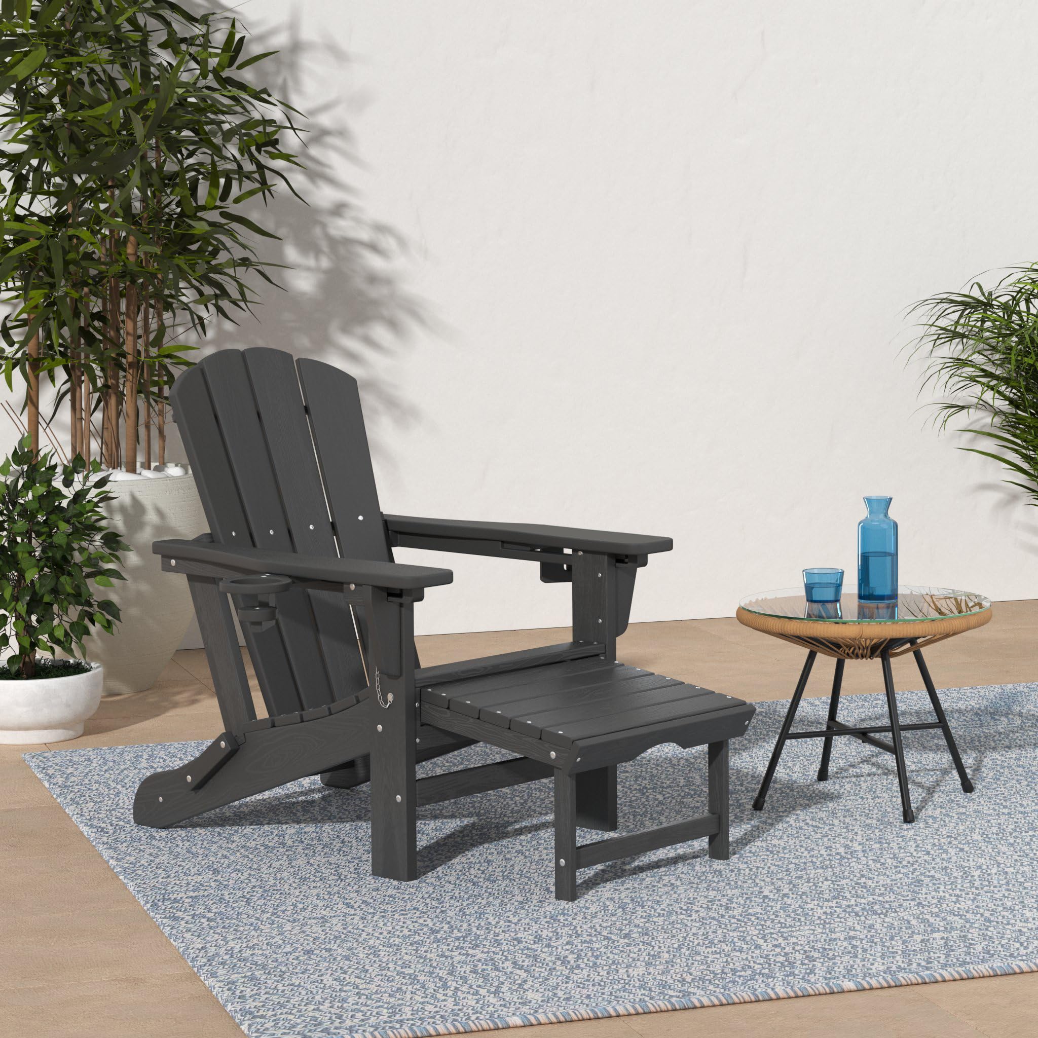 Kingyes Folding Adjustable Adirondack Chair With Retractable Ottoman Set Of 2, Hdpe Oversized Outdoor Chair With Cup Holder, Wood-Like Reclining Versatile Adirondack Chair, Black