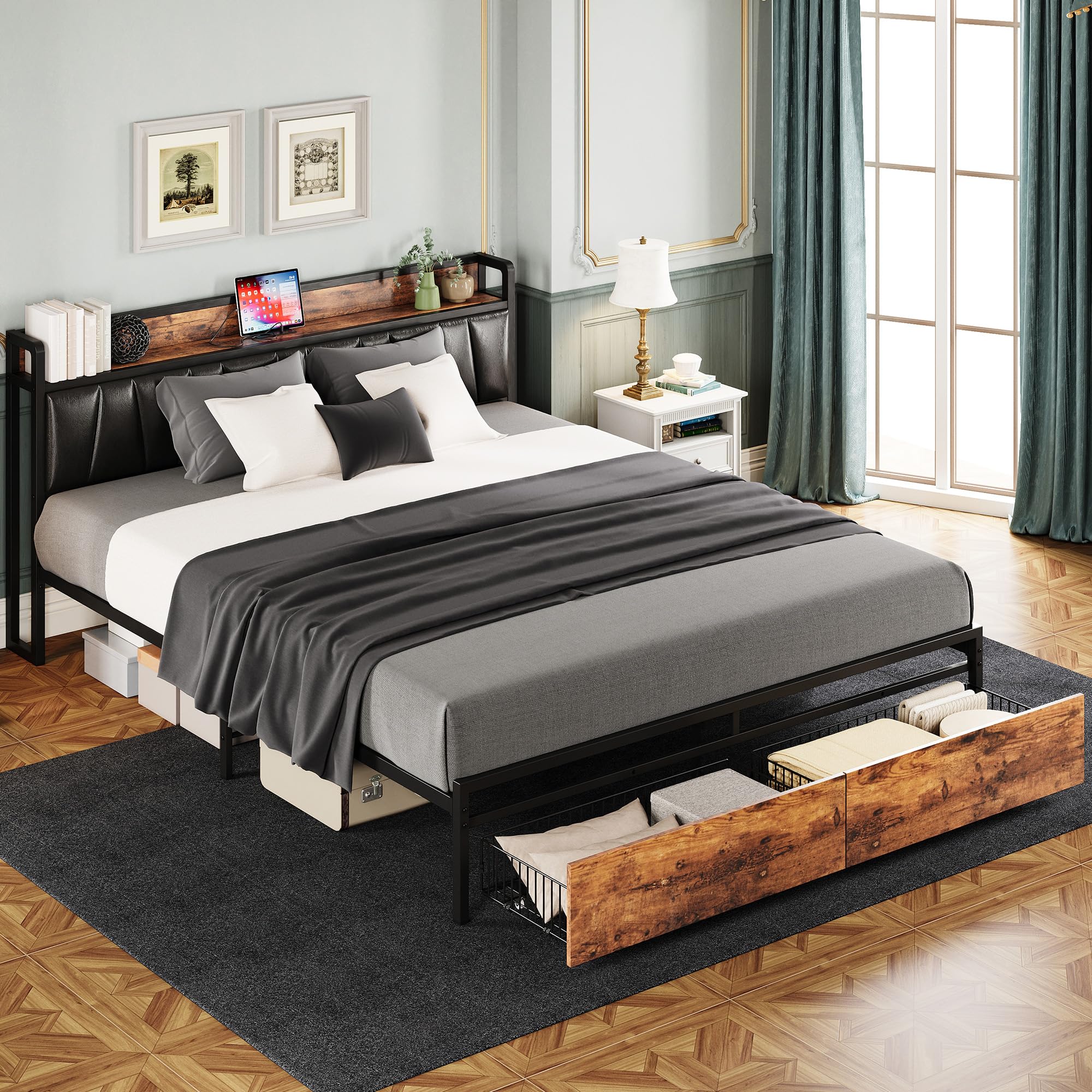 LIKIMIO California King Size Bed Frame, Storage Headboard with Charging Station, Platform Bed with Drawers, No Box Spring Needed