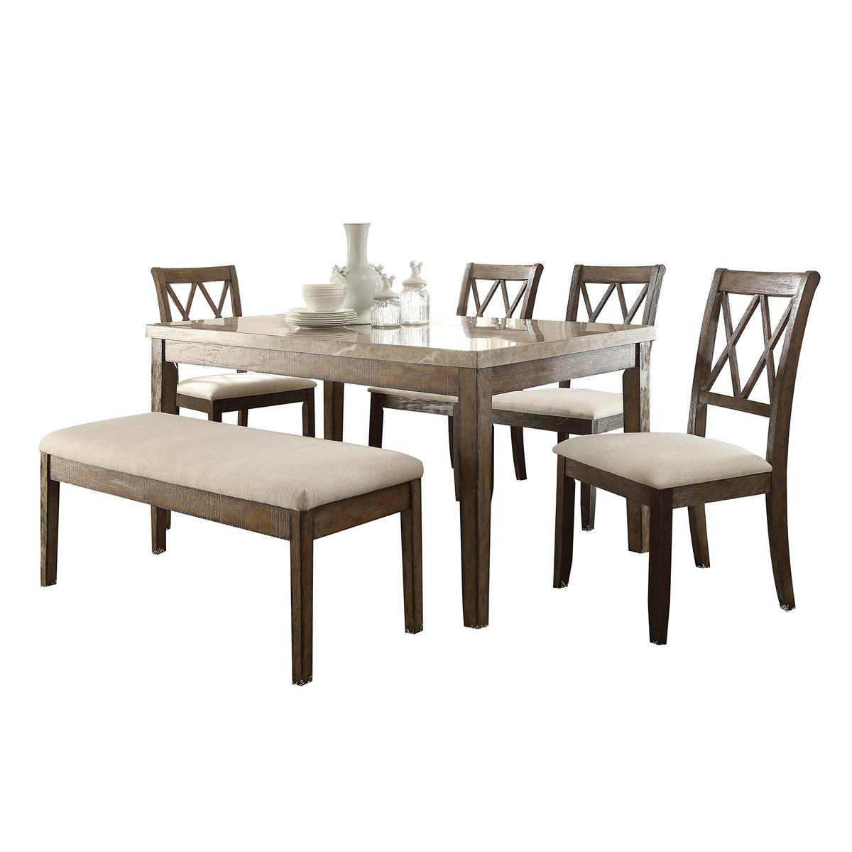 Acme Claudia Dining Table in White Marble and Salvage Brown