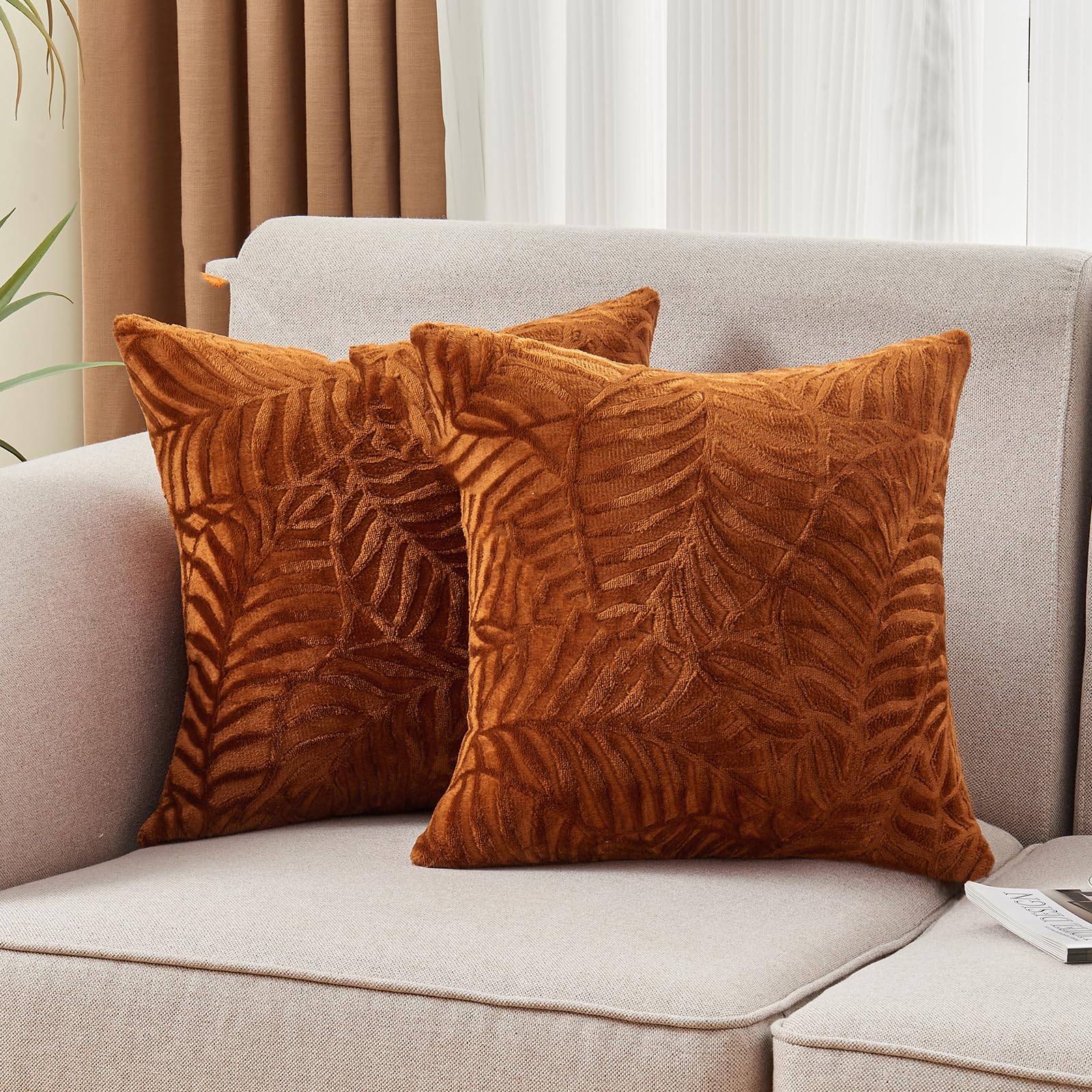 SOCHOW Fall Decorative Throw Pillow Covers 20x20 Inches Set of 2, Soft Leaves Textured Flannel Fleece Pillowcase Square Cushion 