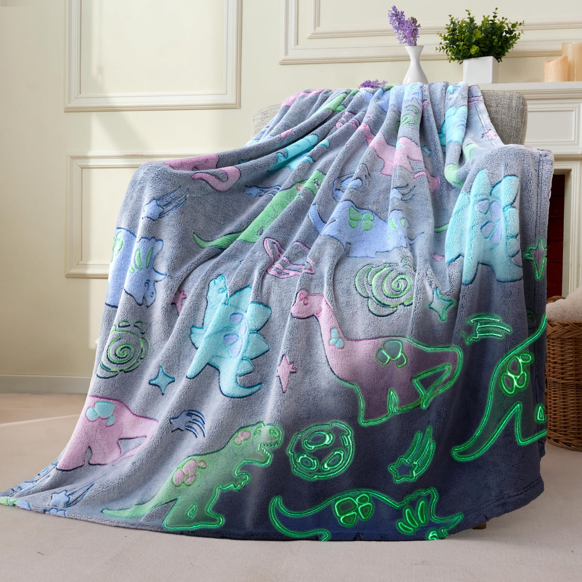 Joiedomi Glow In The Dark Blanket - Dinosaur Gifts For Girls Boys Age 2 3 4 5 6 7 8 9 10 11 12 Year Old - Soft Cozy Flannel Kids