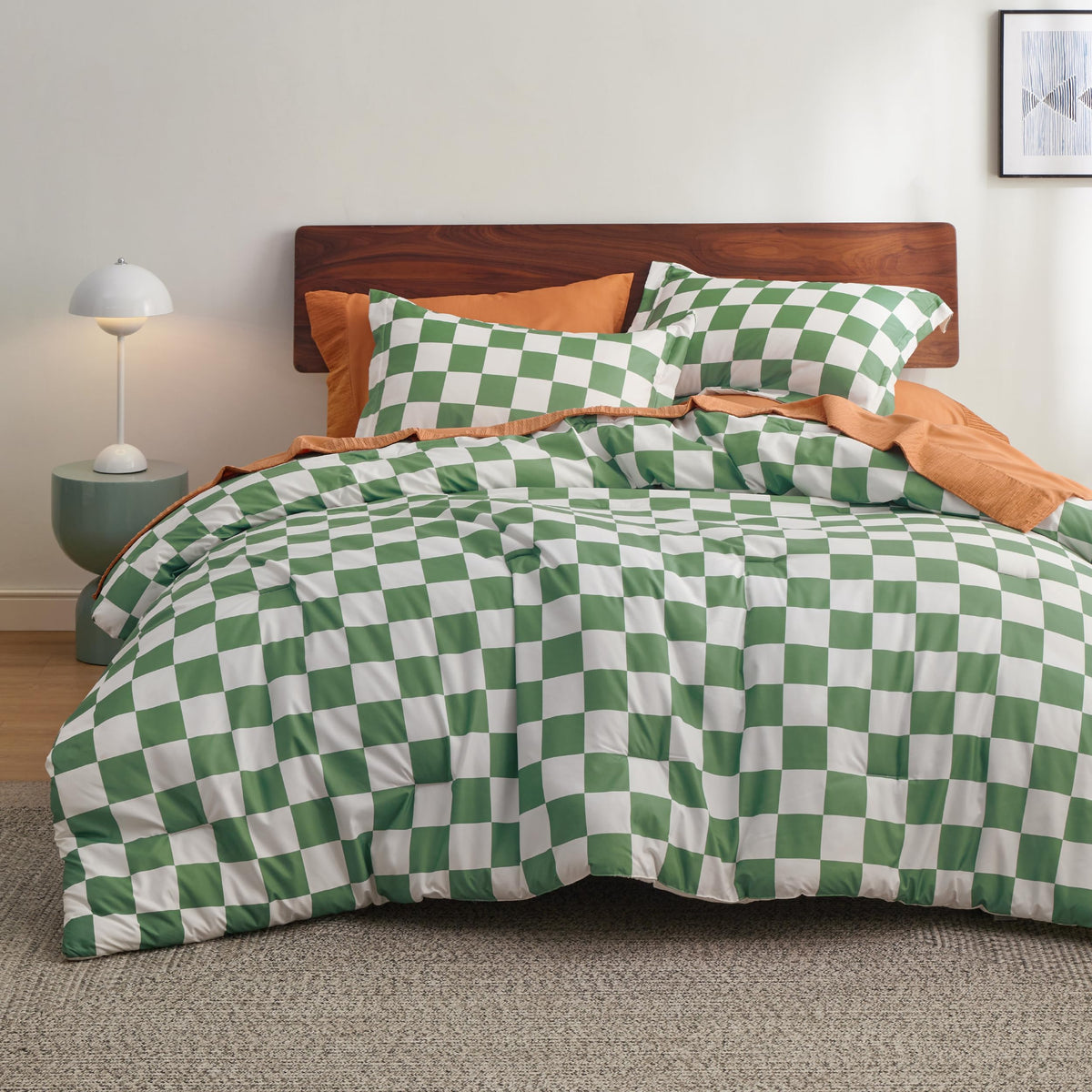 Bedsure Green Checkered Comforter Set - Bedding Comforter Set Queen, Green White Fluffy Grid Plaid Comforter, 3 Pieces, Includes