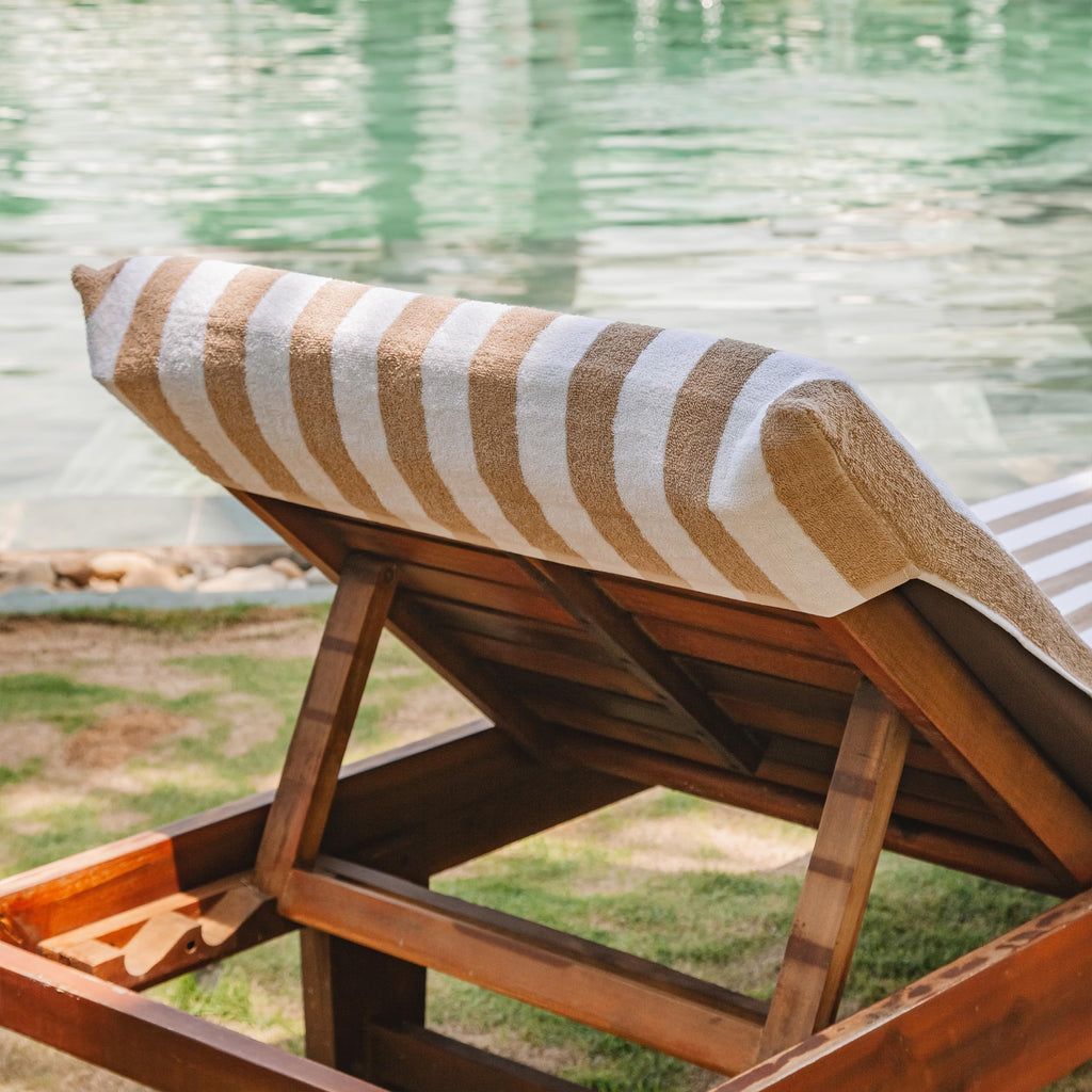 Arkwright California Chaise Lounge Cover - Pack Of 2 - Striped Soft Cotton Cabana Towel With Pocket Holder For Beach Pool Outdoor Chair, 30 X 85 In., Beige