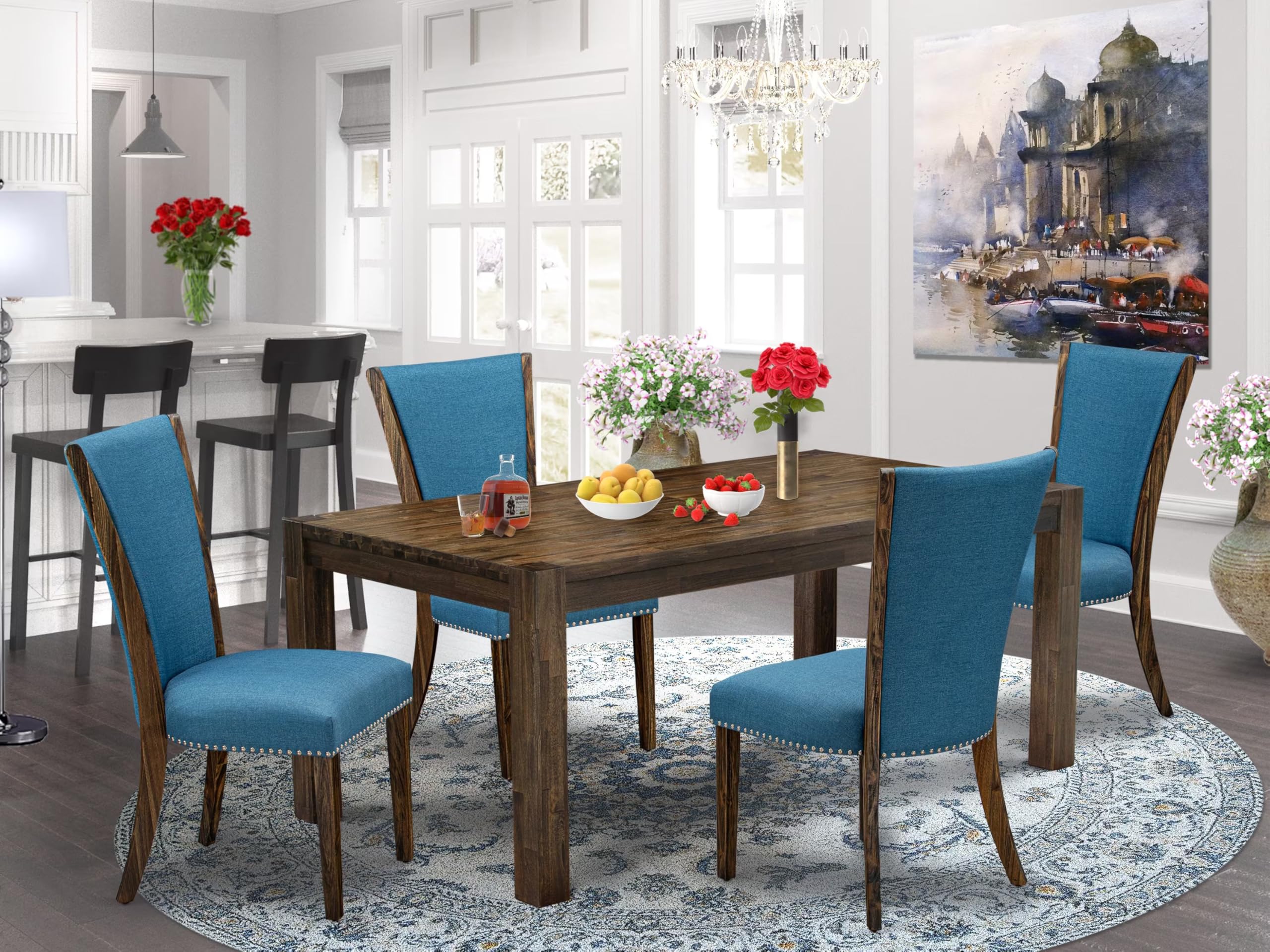 East West Furniture Lmve5-77-21 5 Piece Kitchen Table Set Includes A Rectangle Rustic Wood Dining Room Table And 4 Blue Color Linen Fabric Upholstered Chairs, 40X72 Inch, Jacobean