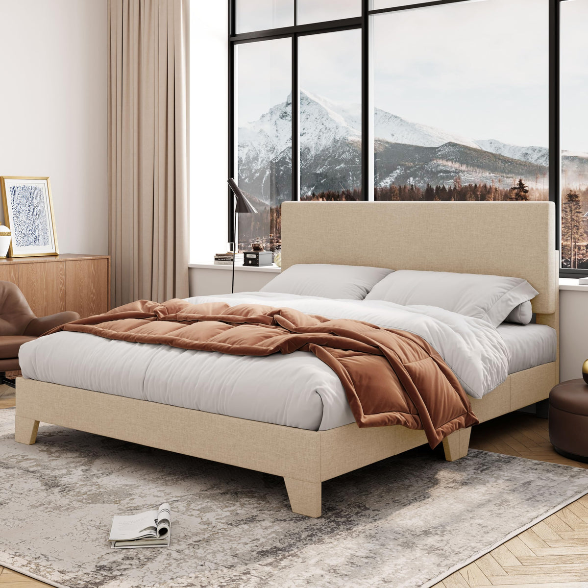 Allewie Queen Size Bed Frame With Adjustable Headboard, Upholstered Platform Bed With Wood Slats, Heavy Duty Mattress Foundation, No Box Spring Needed, Noise-Free, Easy Assembly, Beige
