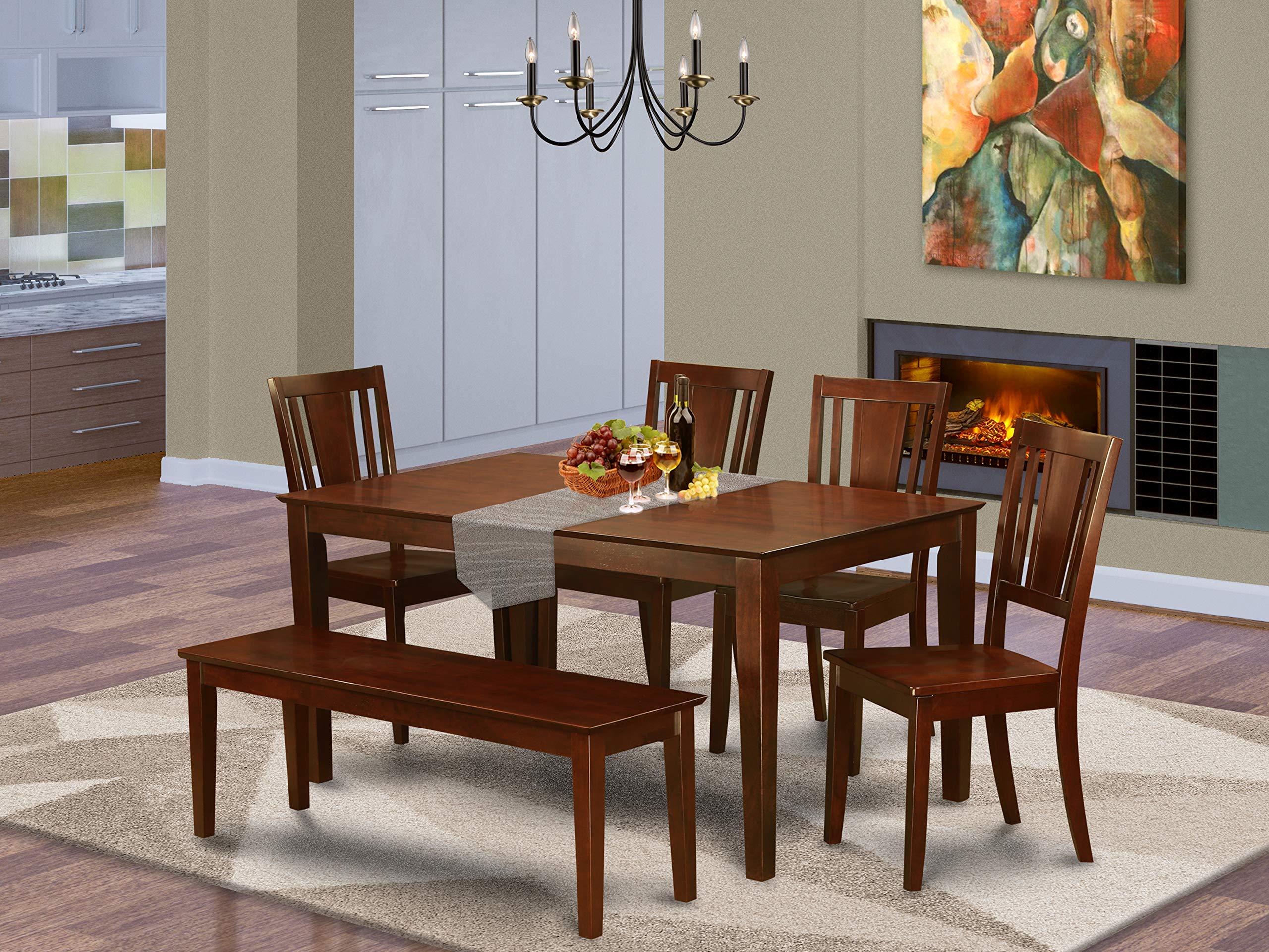 East West Furniture CADU6C-MAH-W 6 Piece Dining Room Furniture Set Contains a Rectangle Kitchen Table and 4 Dining Chairs with a Bench, 36x60 Inch, Mahogany