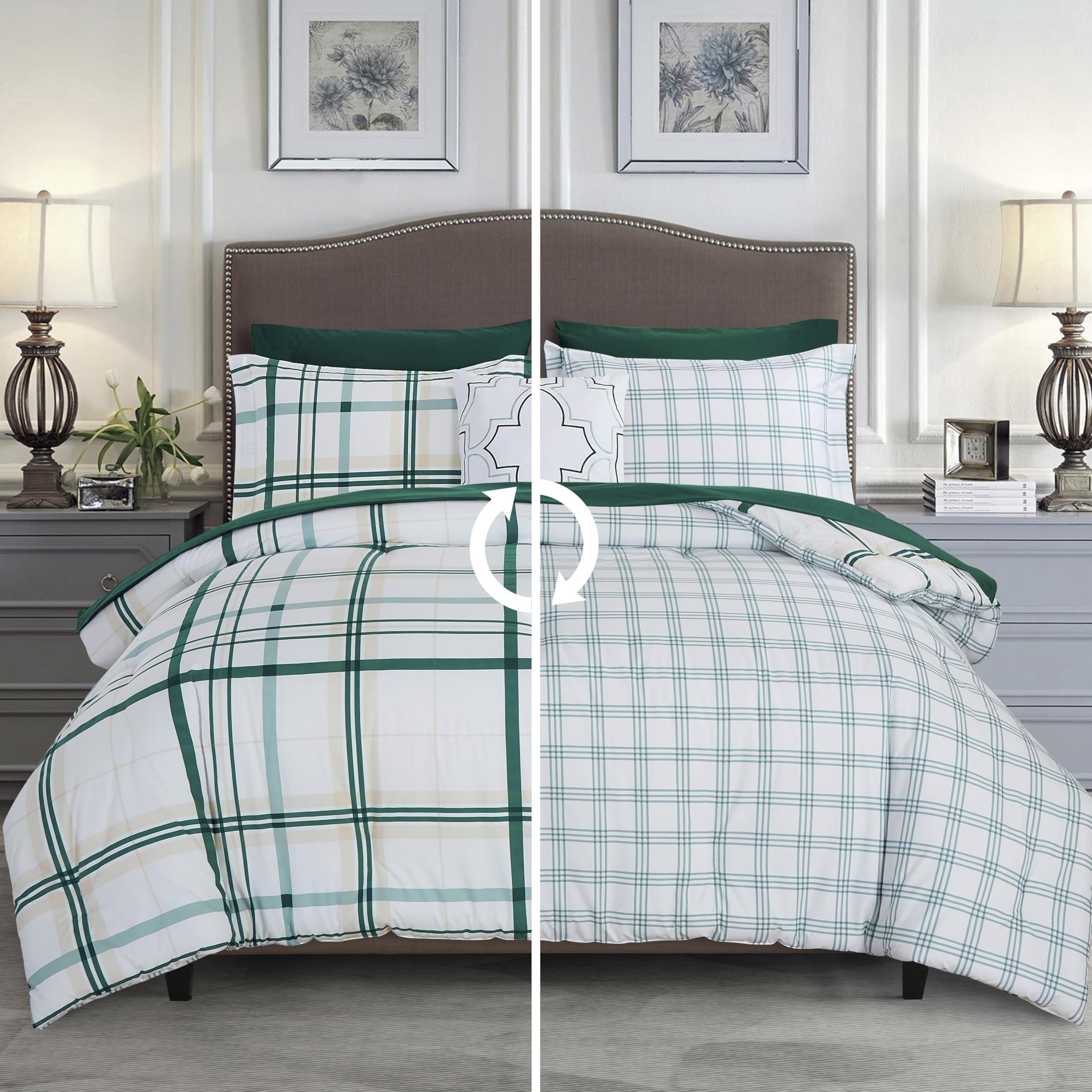 Elegant Comfort 8- Piece Lodge Plaid Reversible Comforter Set Bed-In-A-Bag Set - Silky Soft Complete Set Includes Bed Sheet Set With Double Sided Storage Pockets, King/Cal King, Emerald Green