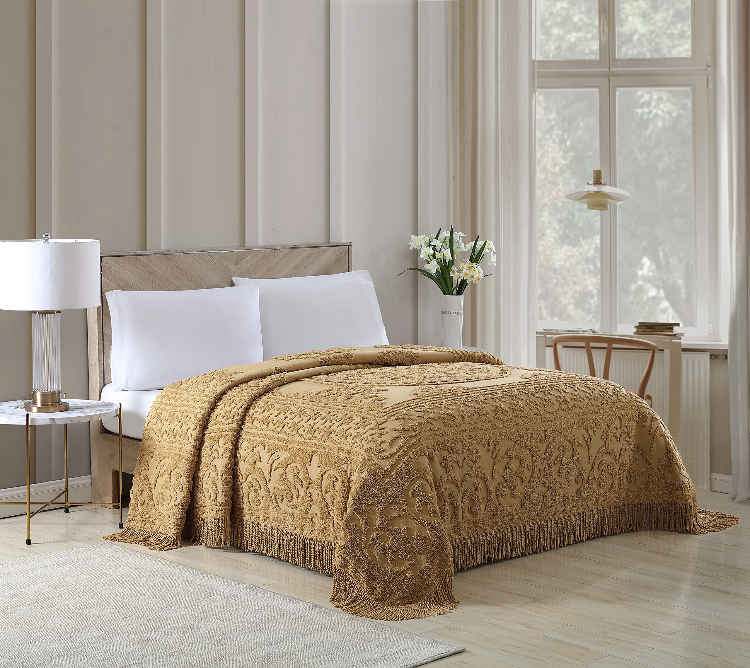 Beatrice Home Fashions Medallion Chenille Bedspread, Twin, Gold