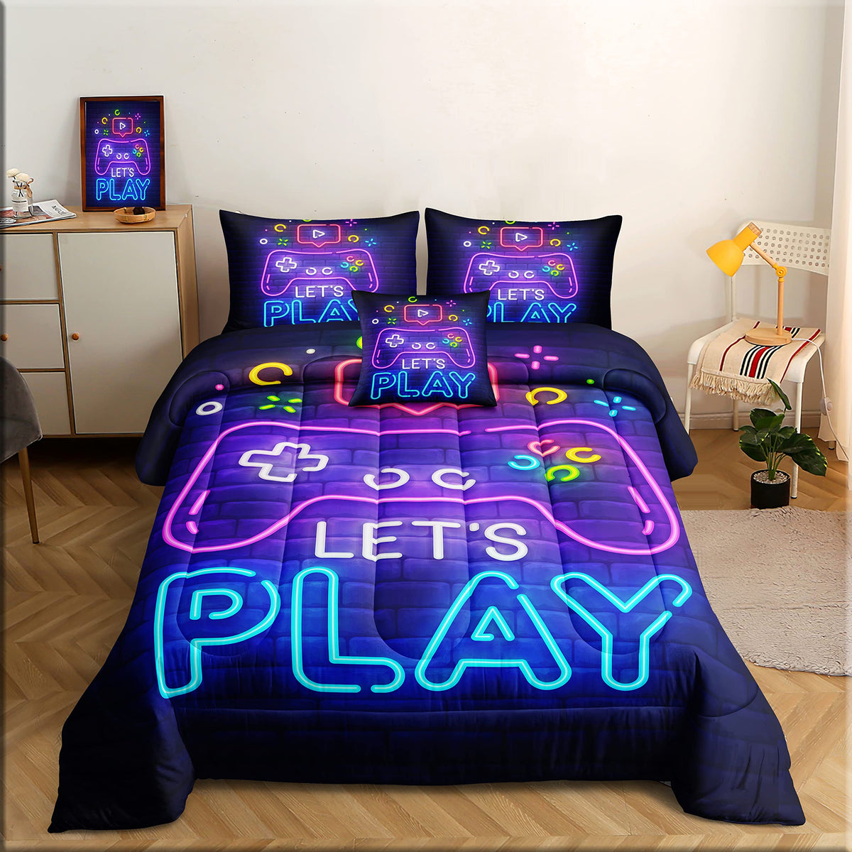 Rowadalo 6 Pieces Gamer Bedding Set For Boys Gaming Comforter Queen Size, Game Controller Comforter For Teen 3D Gamepad Microfib