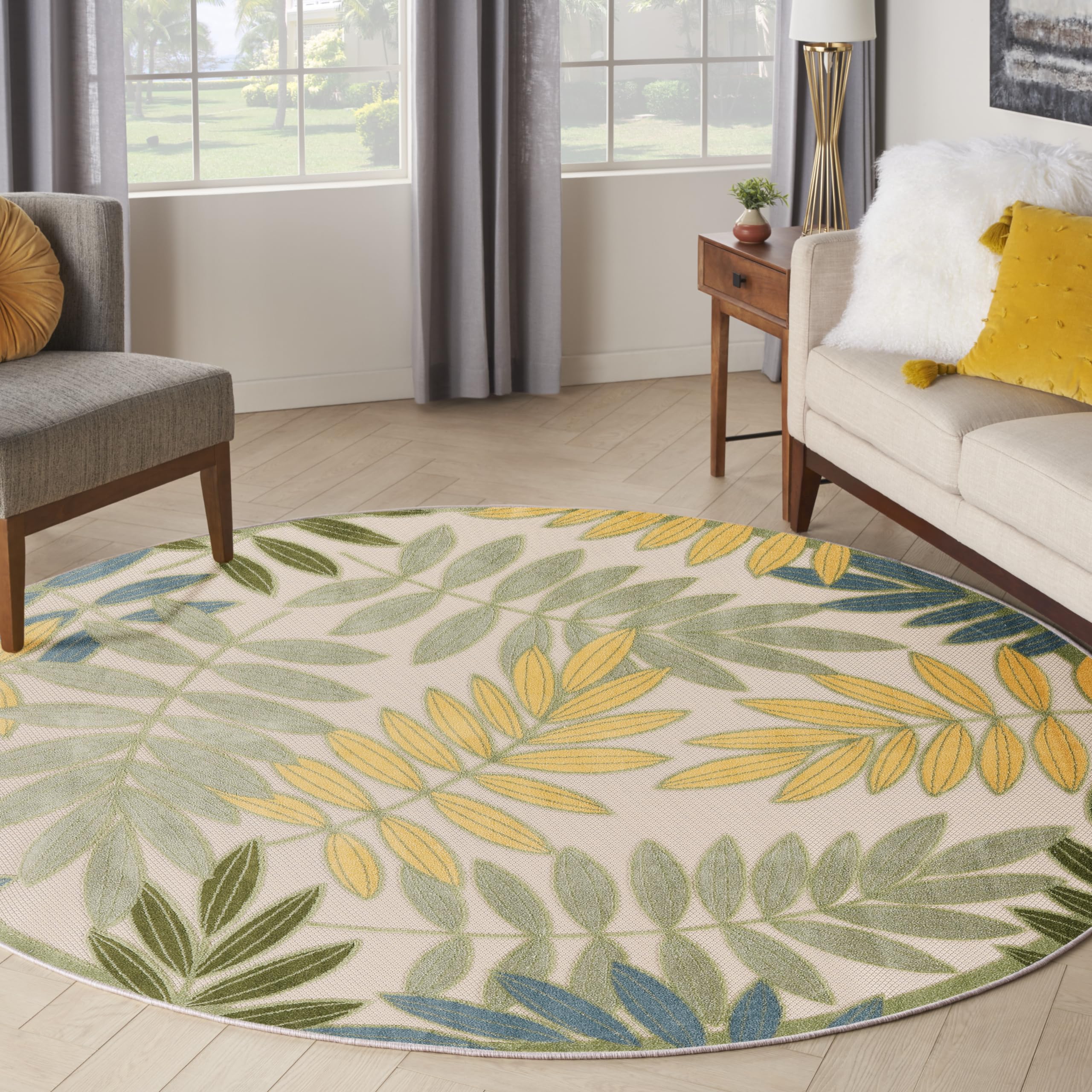 Nourison Aloha Indoor/Outdoor Green Multicolor 5'3' X Round Area Rug, Easy Cleaning, Non Shedding, Bed Room, Living Room, Dinin