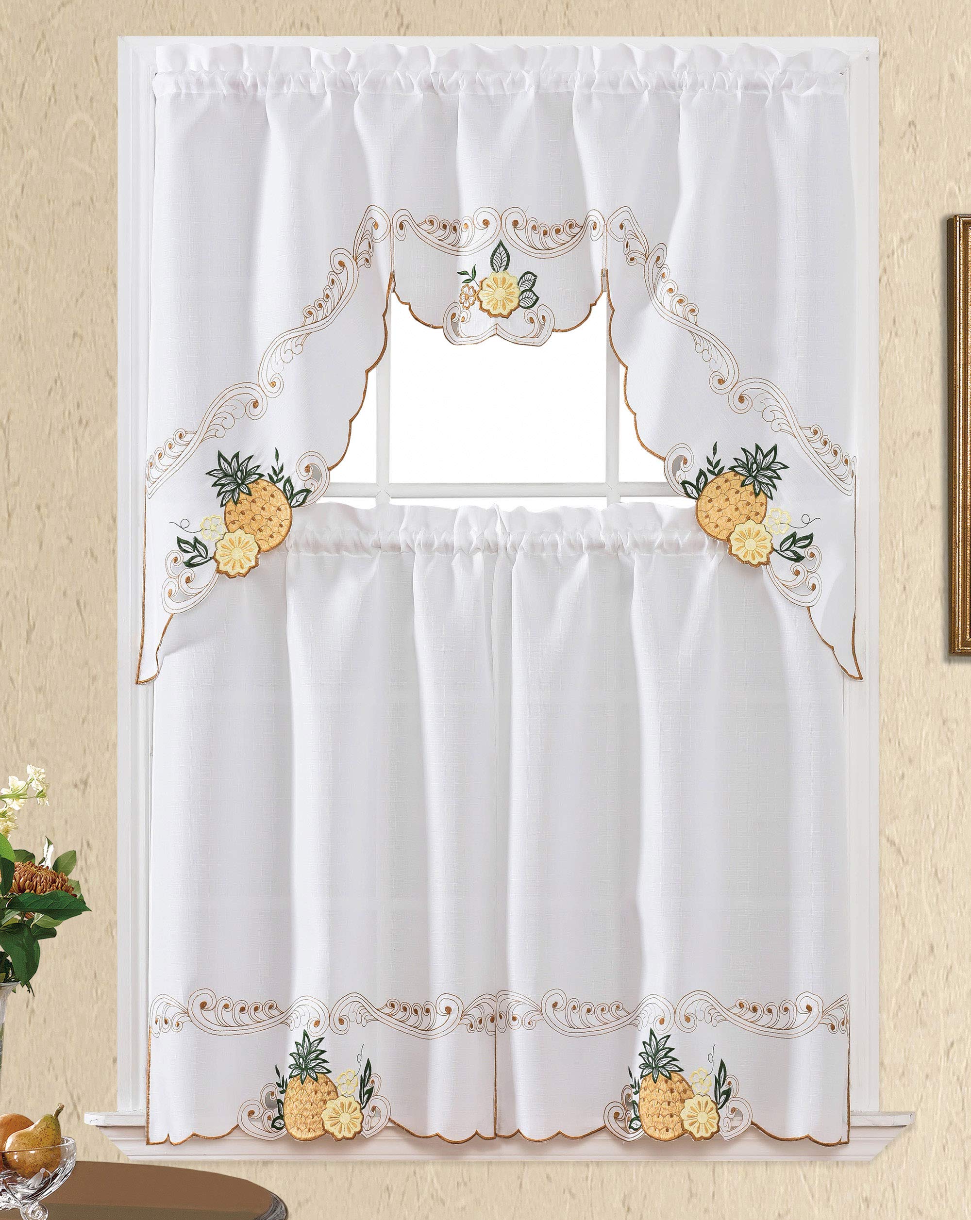 GOHD Sweet Harvest. 3pcs Kitchen Cafe Curtain Set. Nice Embroidery Fruit Design with Cutworks. (Swag and 36 inches Tiers Set, Go
