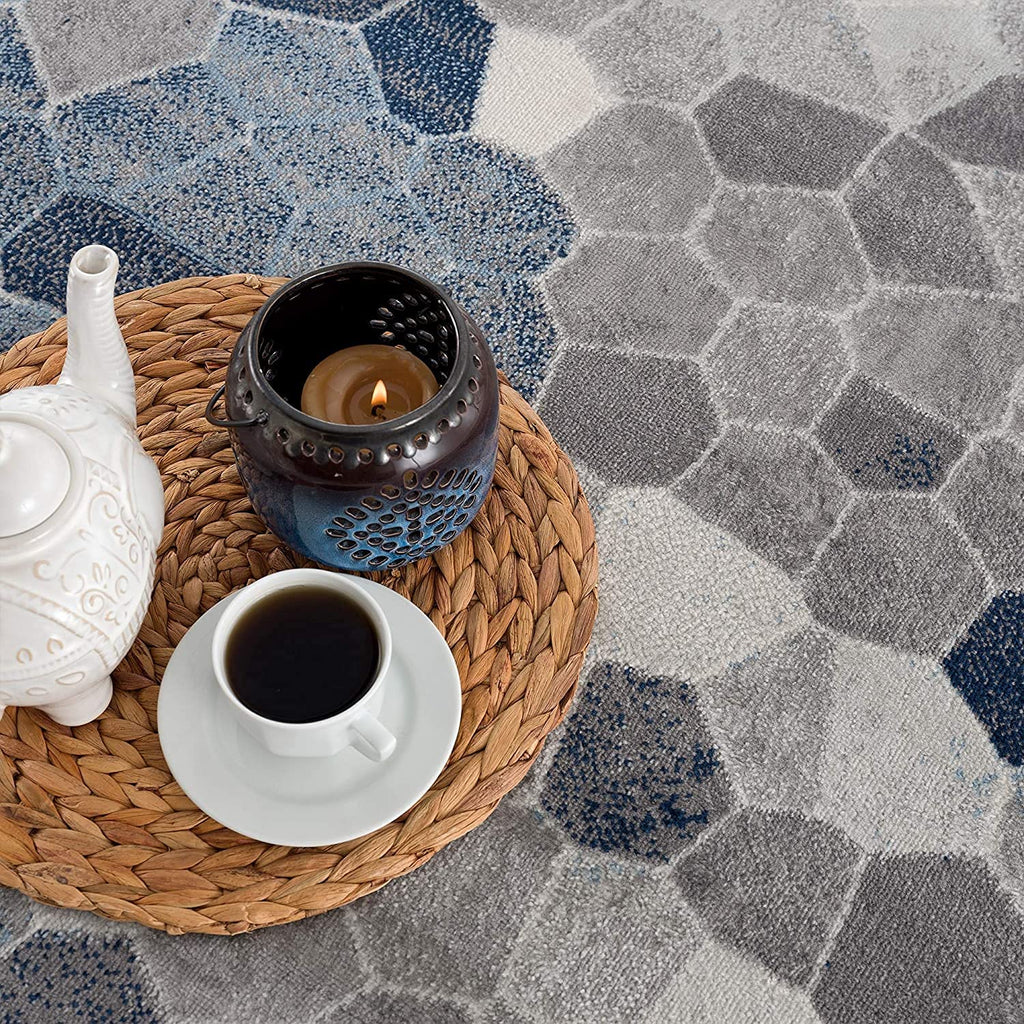 HomeRoots 100% Polypropylene 2’ x 8’ Navy Blue Cobblestone Pattern Runner Rug