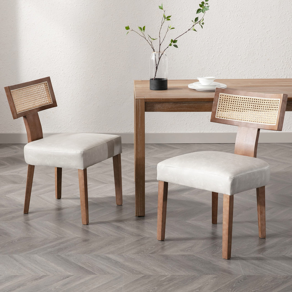 Rivova Rattan Dining Chairs Set Of 2, Mid-Century Modern Dining Chairs, Kitchen Dining Room Chairs, Curved Cane Back Upholstered