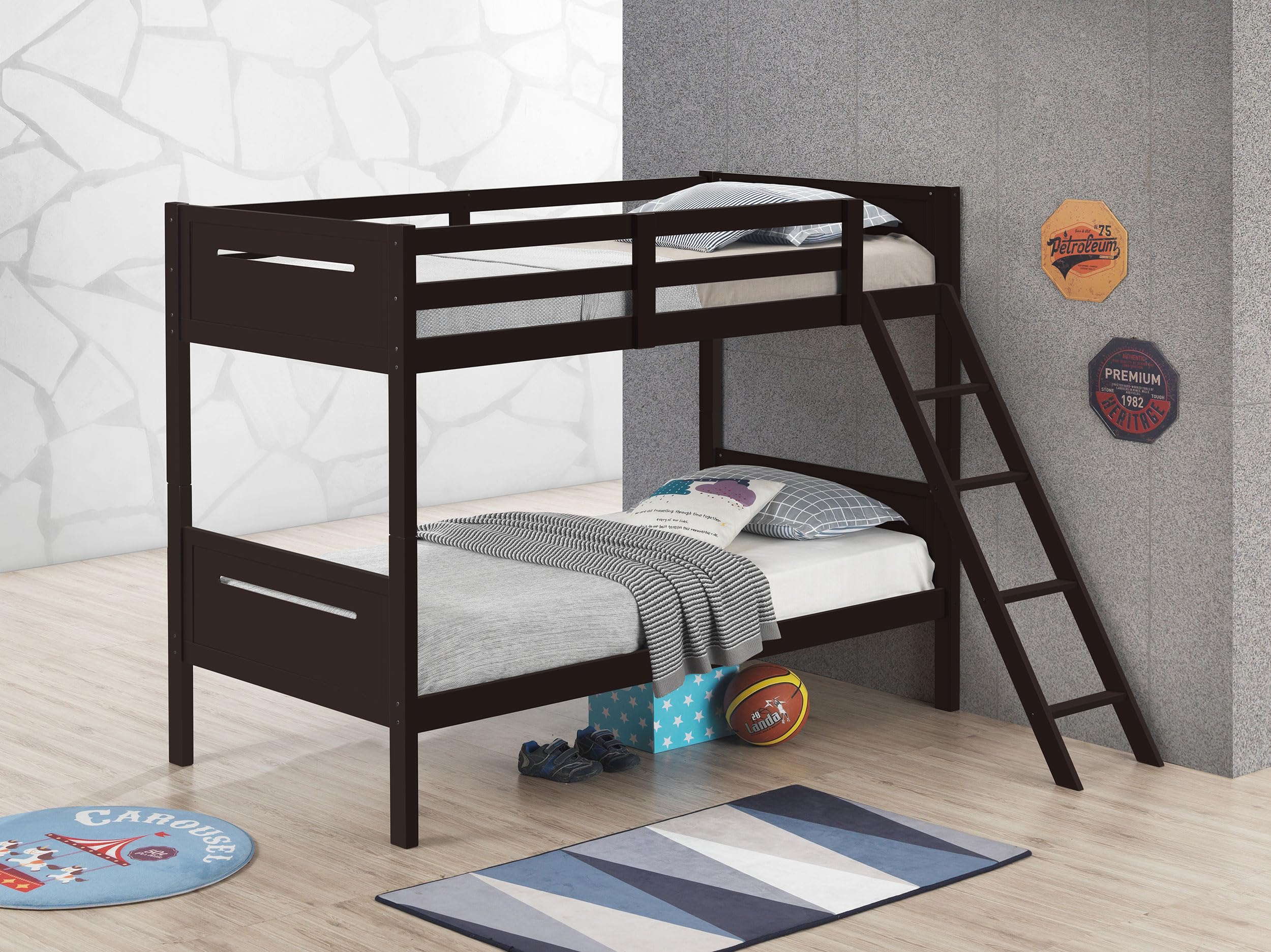 Coaster Home Furnishings Littleton Transitional Wood Twin Over Twin Size Bunk Bed Frame with Ladder and Guardrails Fully Slatted Mattress Ready Foundation Espresso 405051BRN