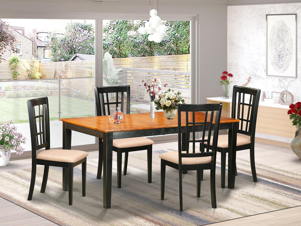 East West Furniture NICO5-BLK-C 5 Piece Kitchen Table Set for 4 Includes a Rectangle Dining Table with Butterfly Leaf and 4 Linen Fabric Dining Room Chairs, 36x66 Inch, Black & Cherry
