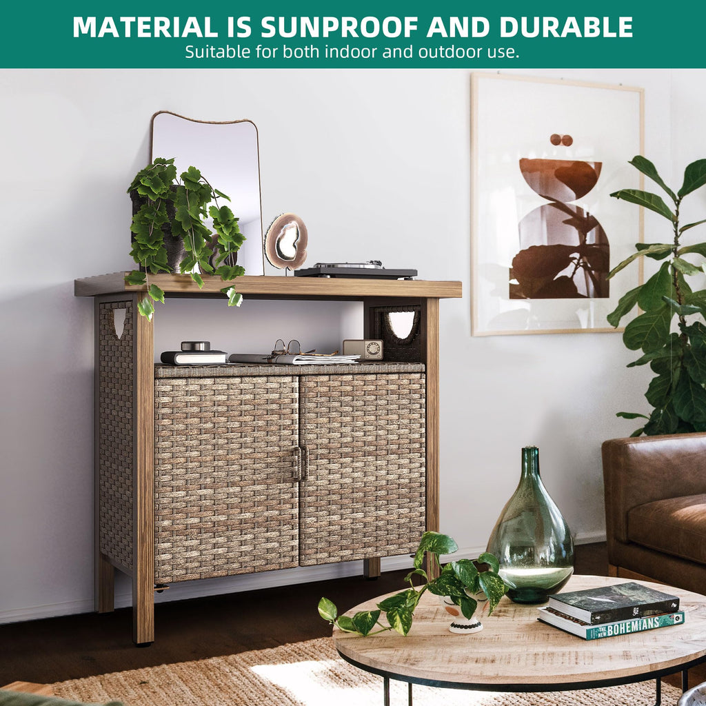 Yitahome Outdoor Storage Cabinet, Patio Bar Table With Two Doors And Shelves, Weatherproof Wicker Storage Console Table For Outdoor Cushions, Pool Toys And Garden Potting - Brown