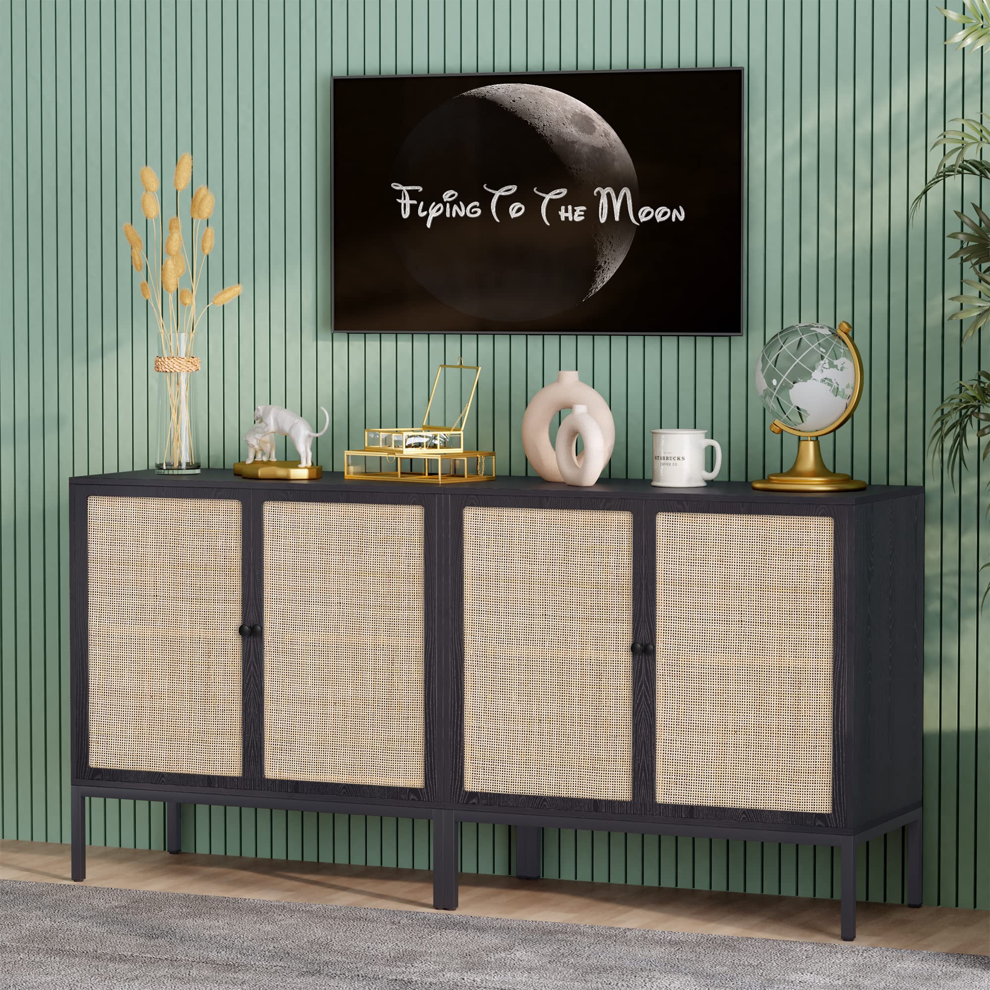 Yechen Set Of 2 Sideboard Cabinet With Natural Rattan Decorated Doors, Rattan Cabinet Accent Buffet Console Cabinet Credenza Cupboard, For Living Room Dining Room Entryway Kitchen, Black, Metal Legs