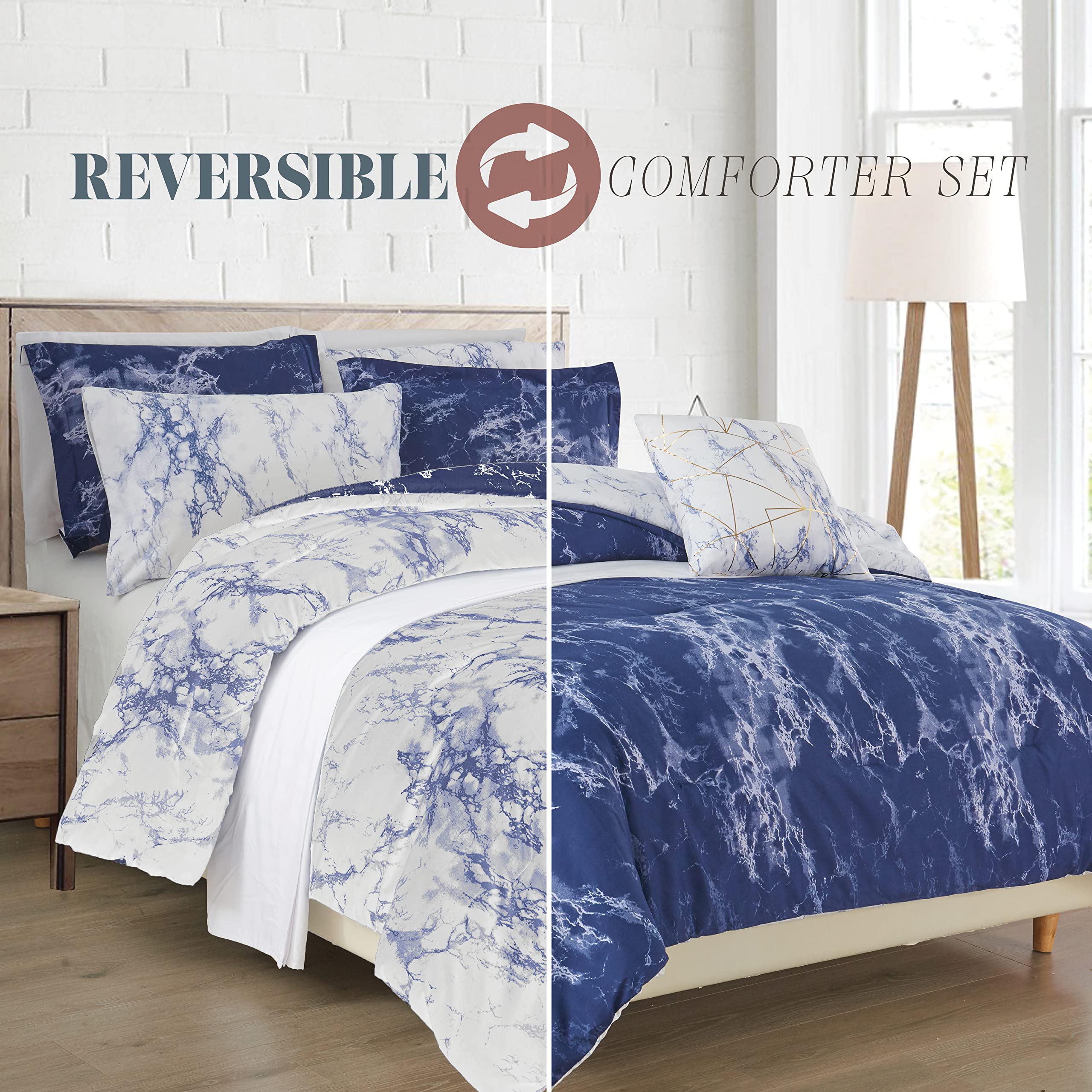 Elegant Comfort Reversible 10-Piece Comforter Set, Marble Print, Decorative Pillow And Fitted Sheet With Smart Pockets, Soft, Pl