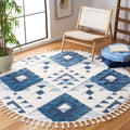 SAFAVIEH Moroccan Tassel Shag Collection Area Rug - 8 Round, Blue & Ivory, Boho Design, 2-inch Thick Ideal for The Living Room,