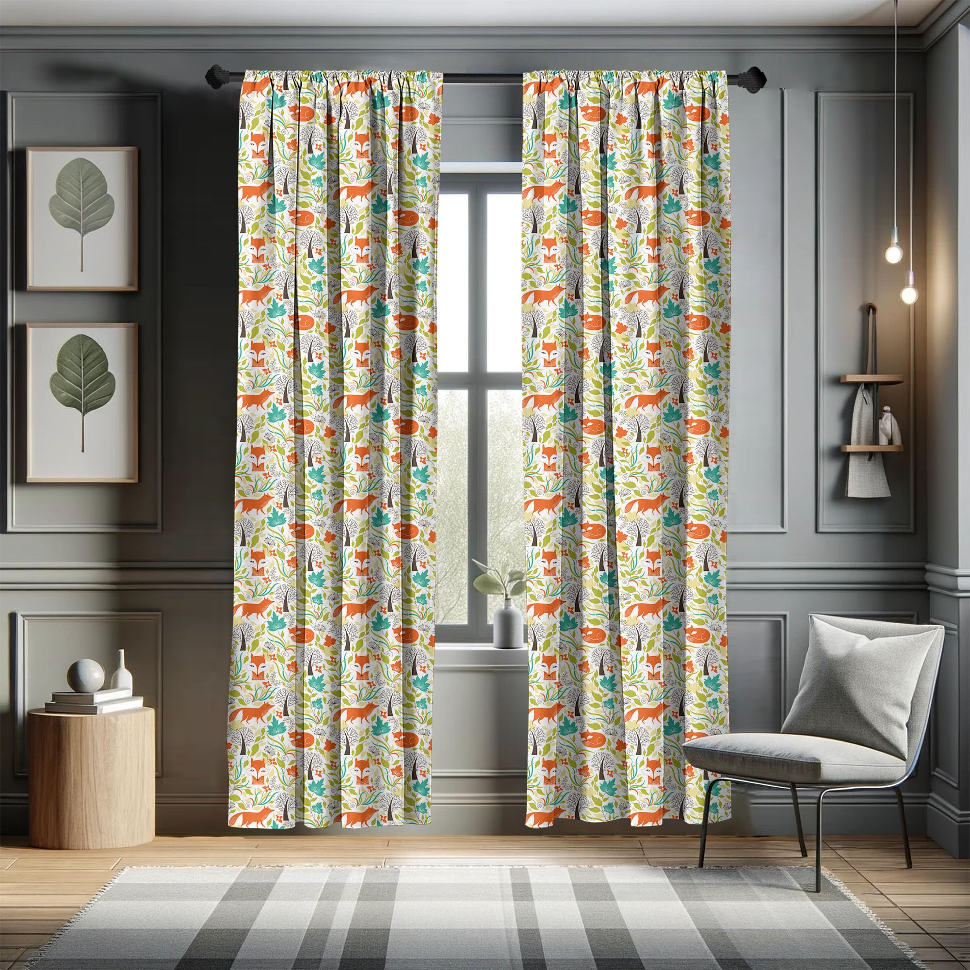 Ambesonne Cartoon Window Curtains, Wild Fox Wolf With Leaves Flowers And Leafless Trees Print, Lightweight Decorative Panels Set