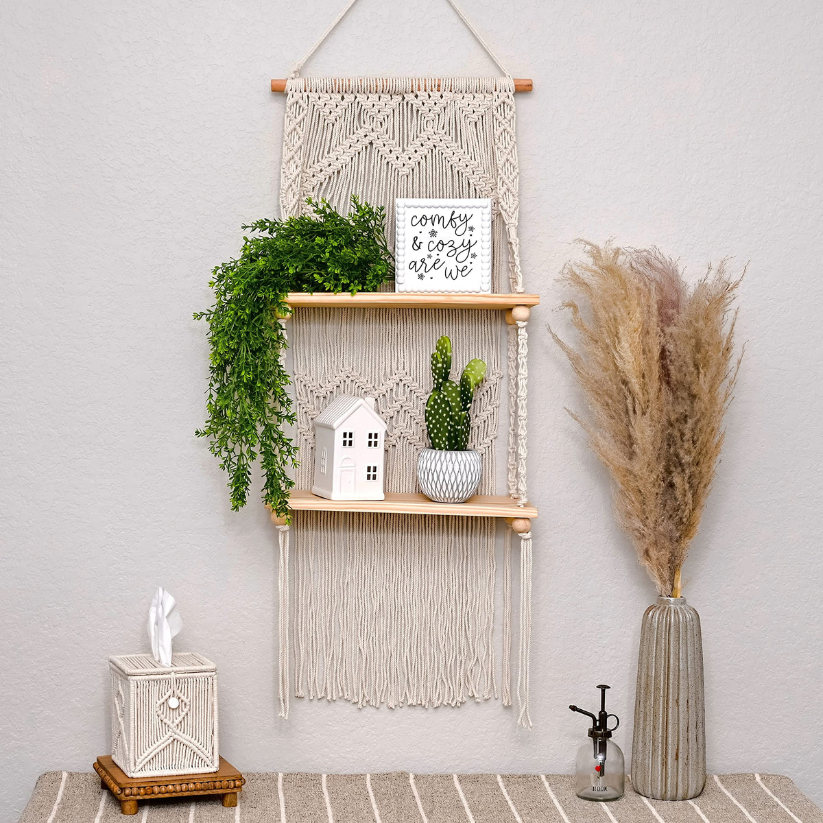 SnugLife 2 Tier Macrame Wall Hanging Shelf with Woven Rope - Boho Pine ...